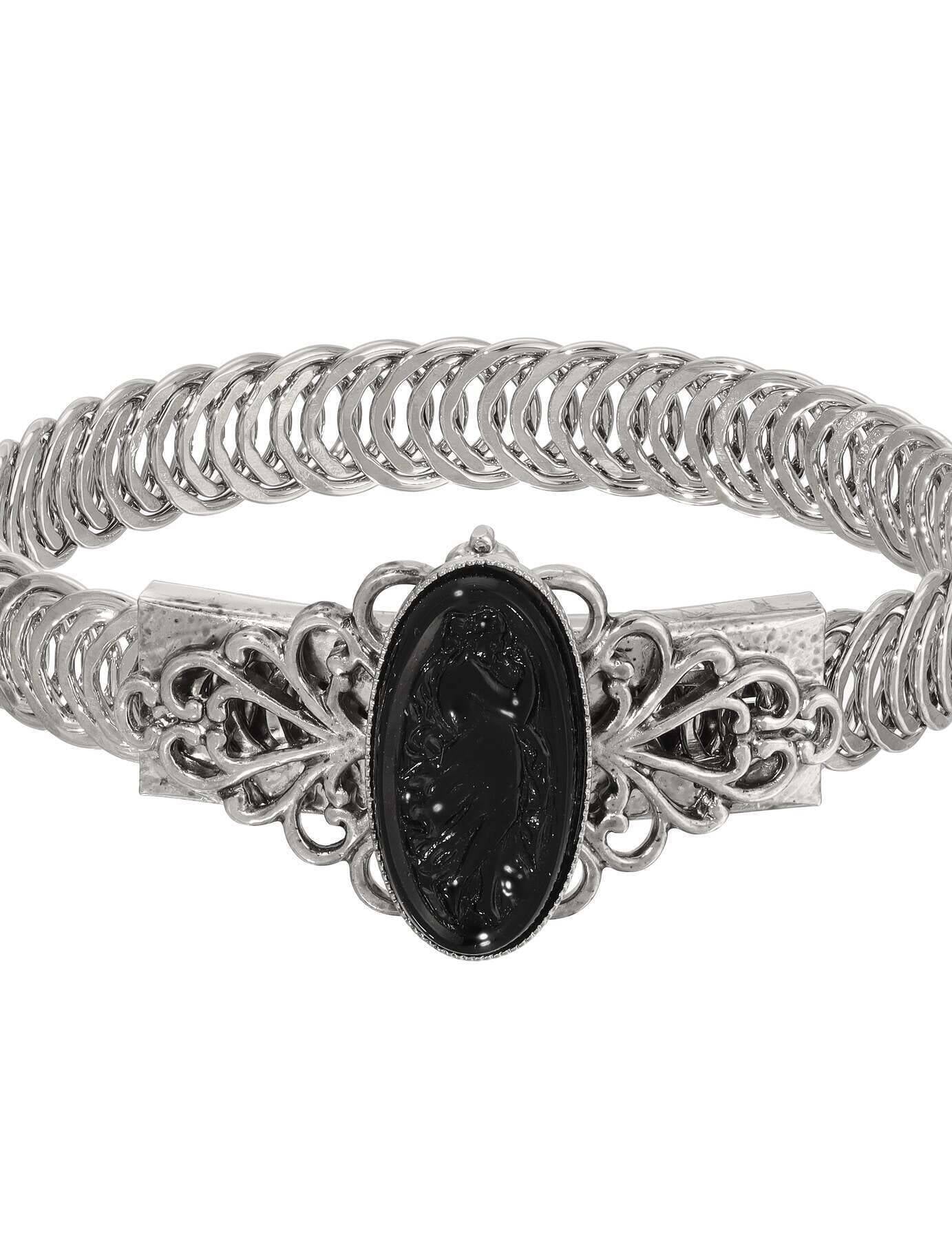 1928 Jewelry Ancient Priestess Oval Black Stone Cameo Belt Bracelet