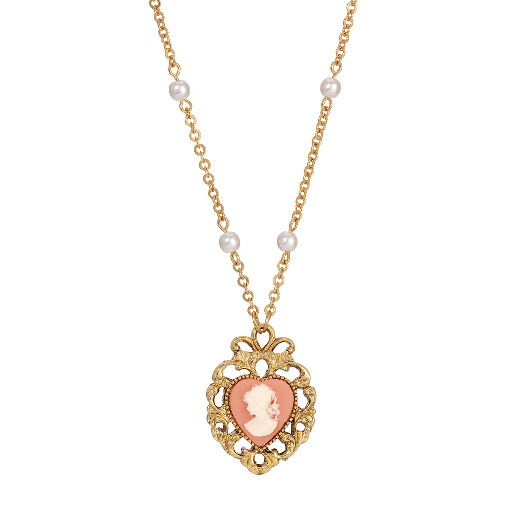 Pink Cameo Heart Pendant Faux Pearl Necklace 24"L