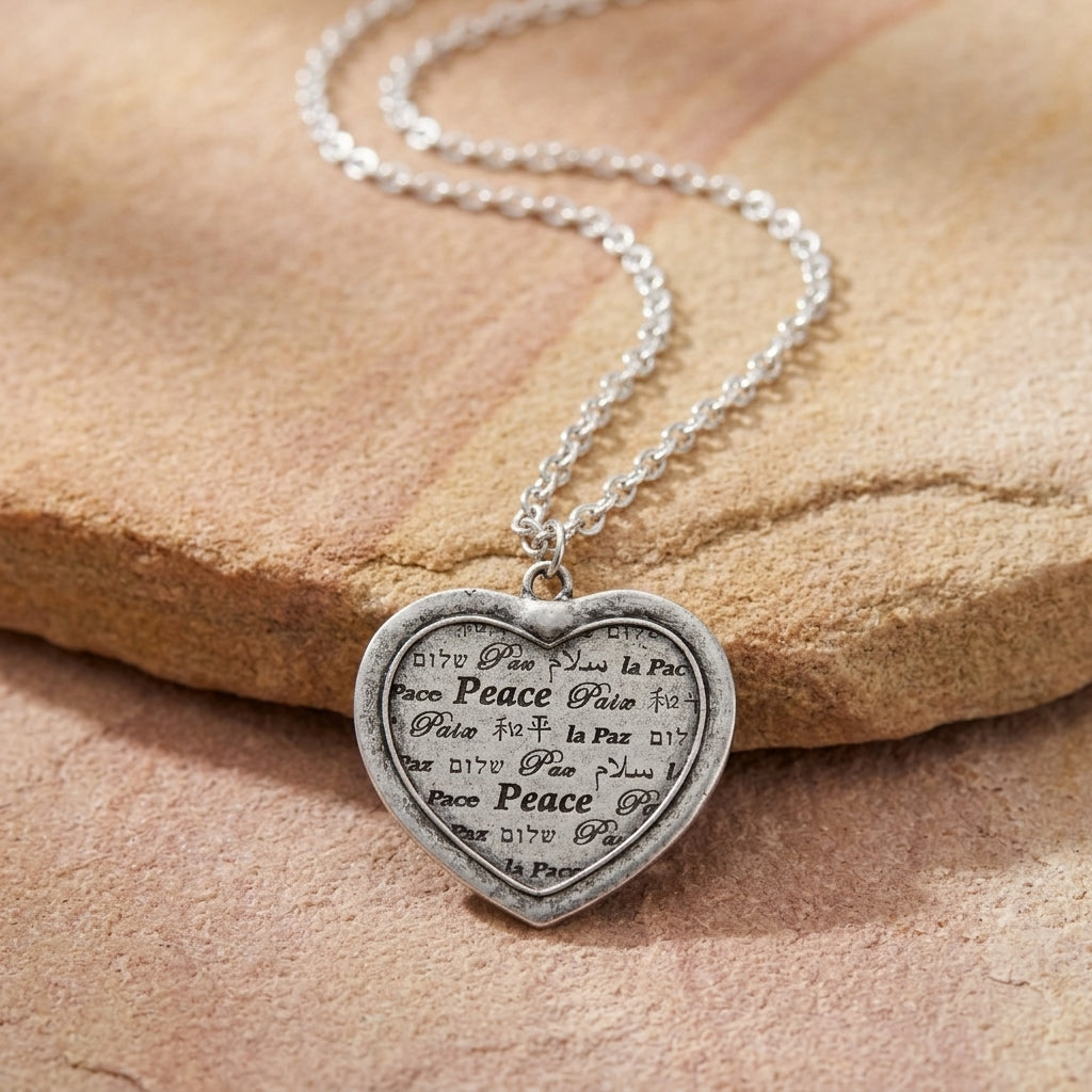 Silver heart-shaped peace pendant necklace on a beige stone surface