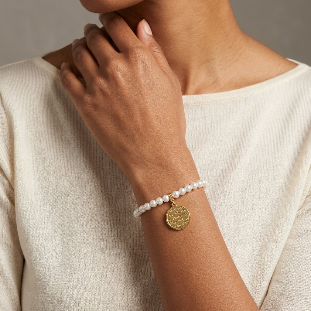 Close-up of a person's wrist wearing a pearl bracelet with a gold tone charm.