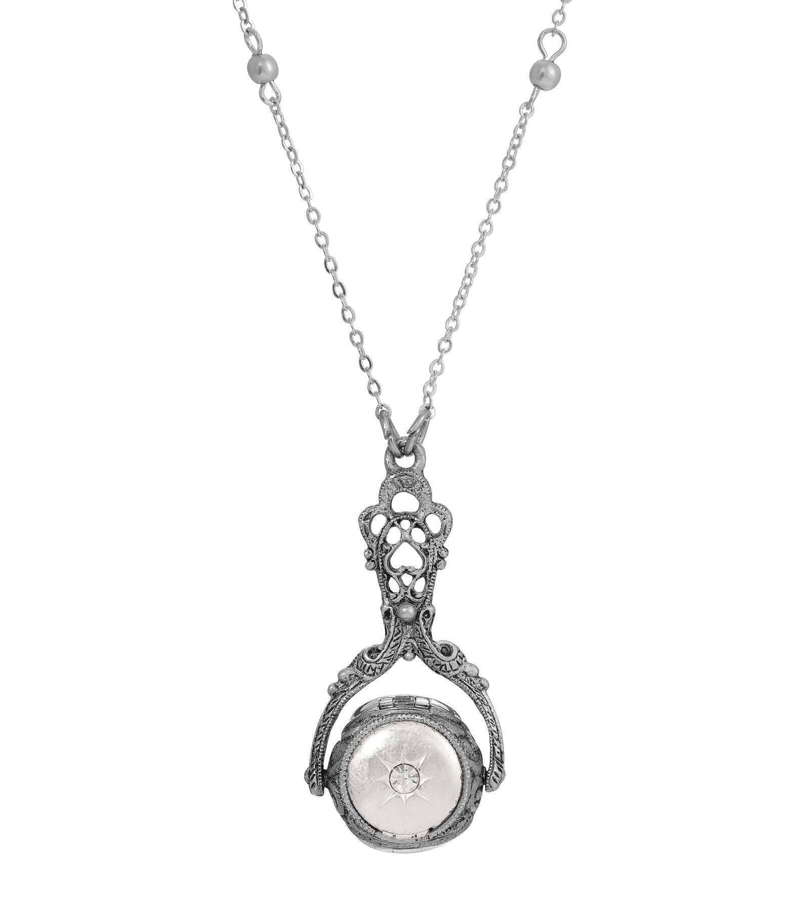 1928 Jewelry Tri-Locket Floral Harmony Rotating Spinner Pendant Faux Pearl Necklace 28"