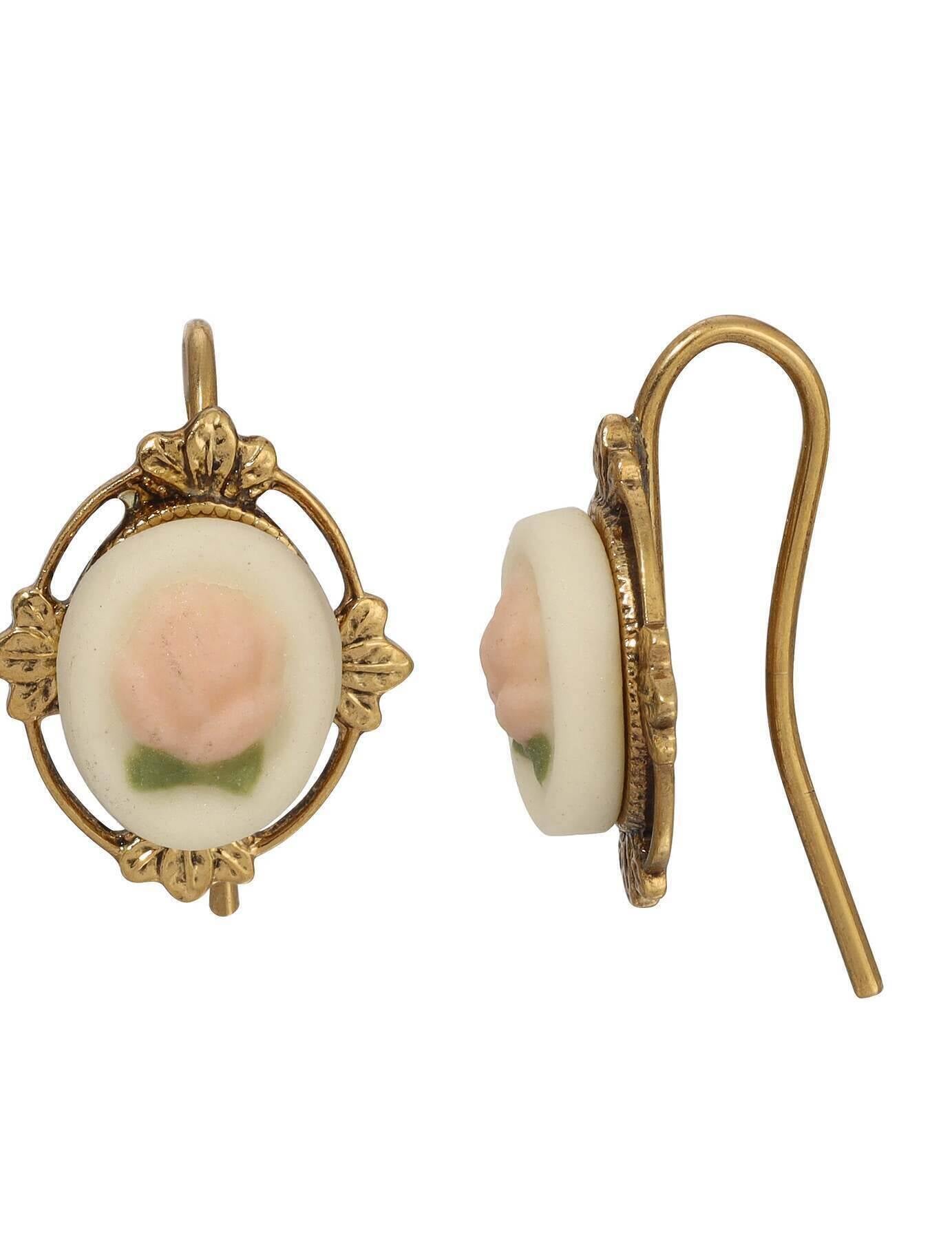 1928 Jewelry Timeless Pink Porcelain Rose & Leaf Drop Earrings