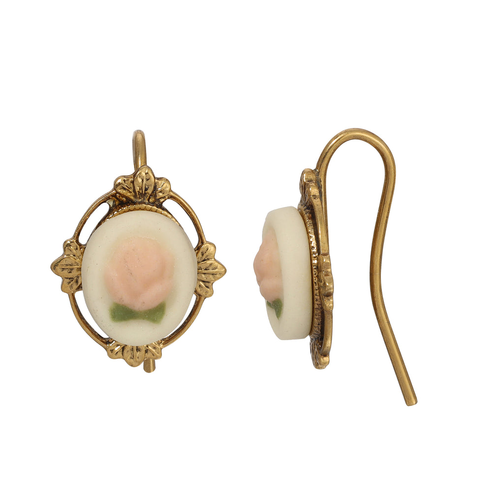 1928 Jewelry Timeless Pink Porcelain Rose & Leaf Drop Earrings