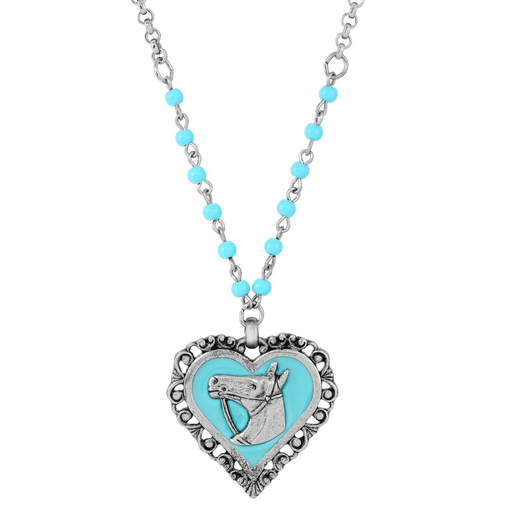 1928 Jewelry Turquoise Beaded Rolo Chain Filigree Heart Horse Pendant Necklace 18"