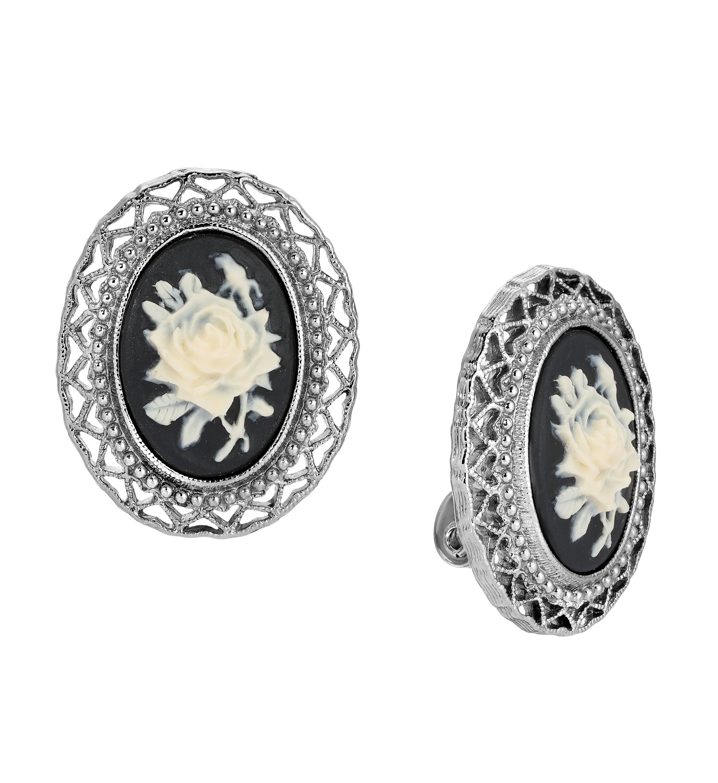 1928 Jewelry Black & Ivory Flower Cameo Hearts Clip On Earrings