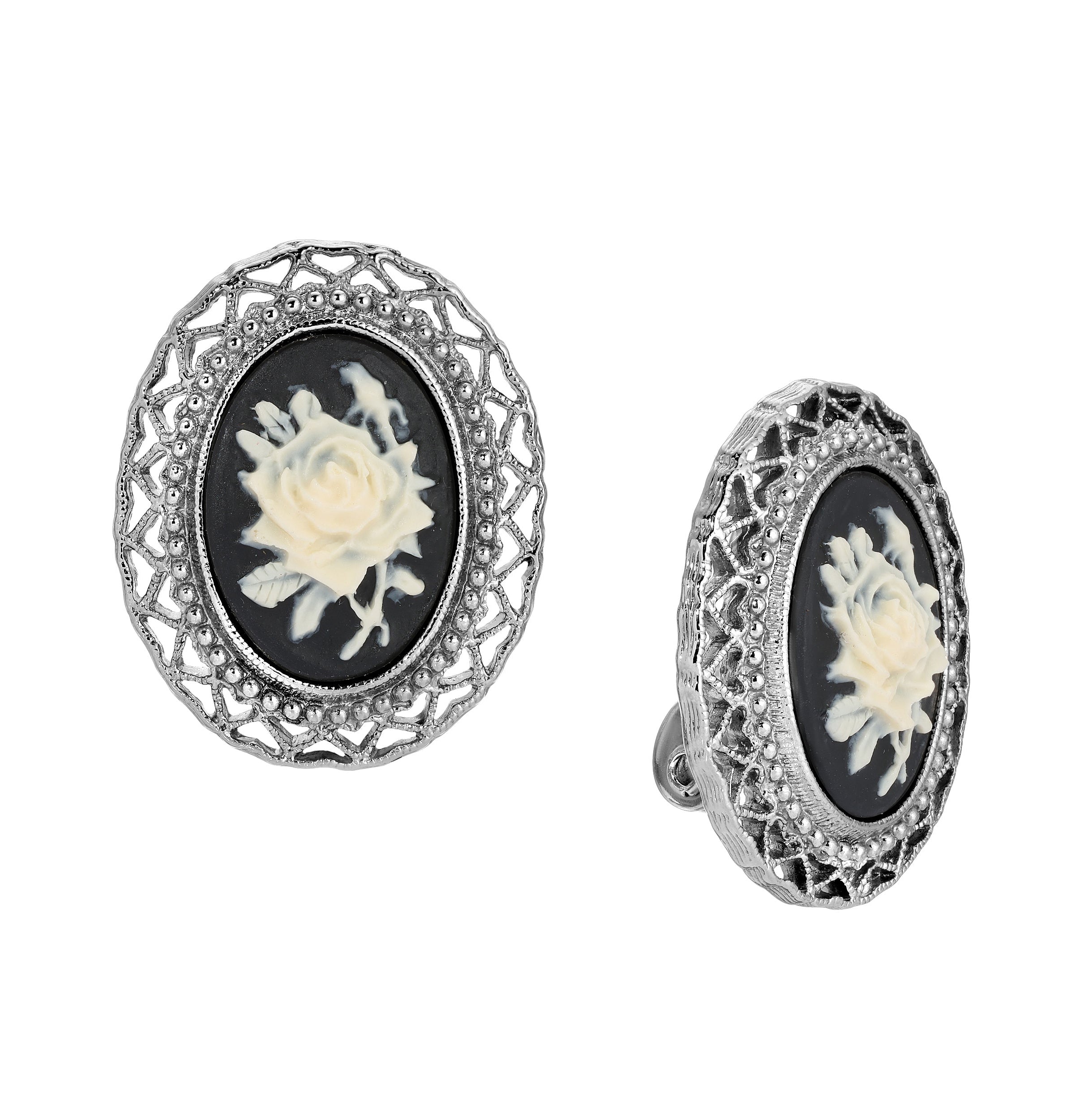 1928 Jewelry Black & Ivory Flower Cameo Hearts Clip On Earrings