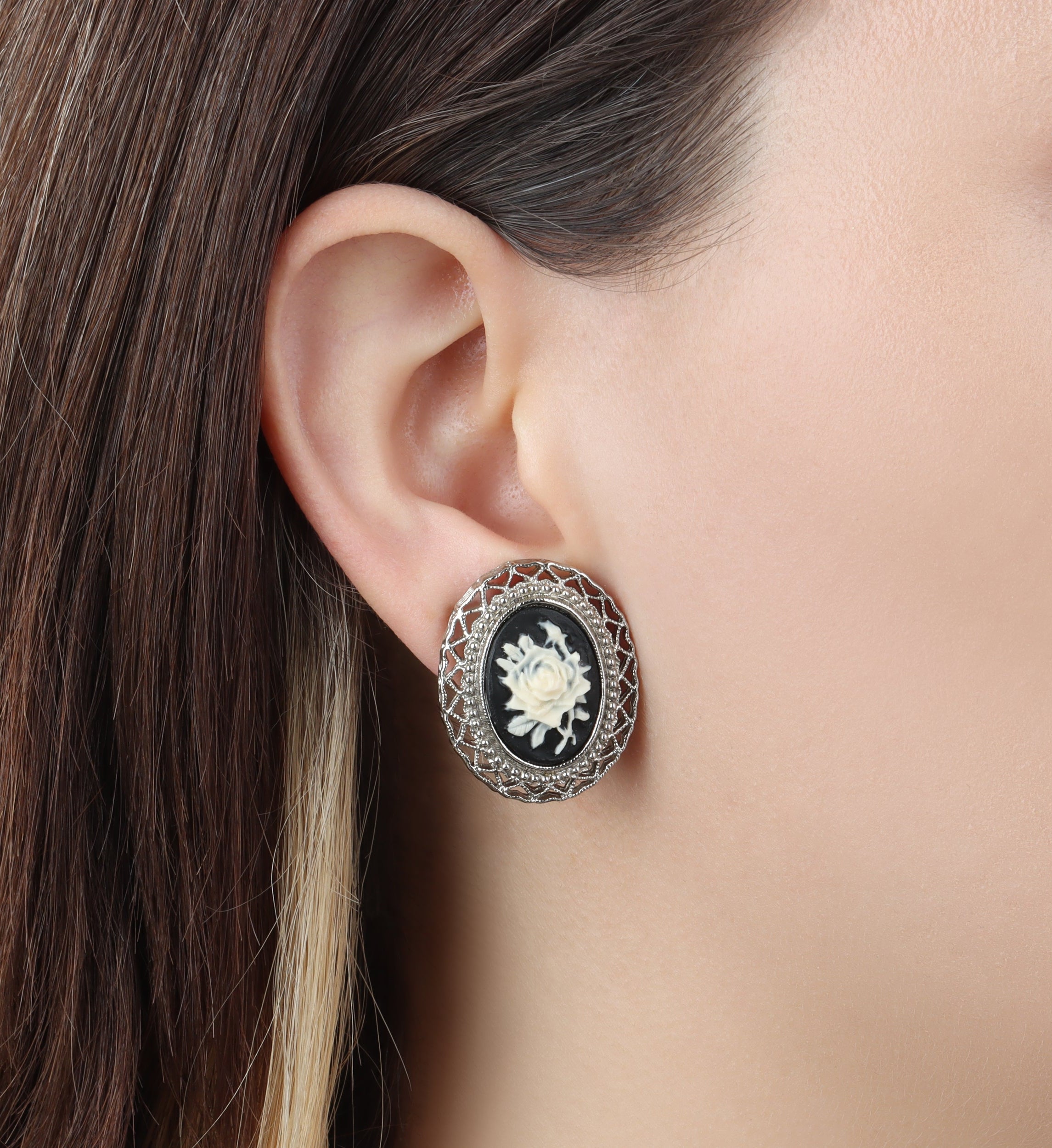 1928 Jewelry Black & Ivory Flower Cameo Hearts Clip On Earrings