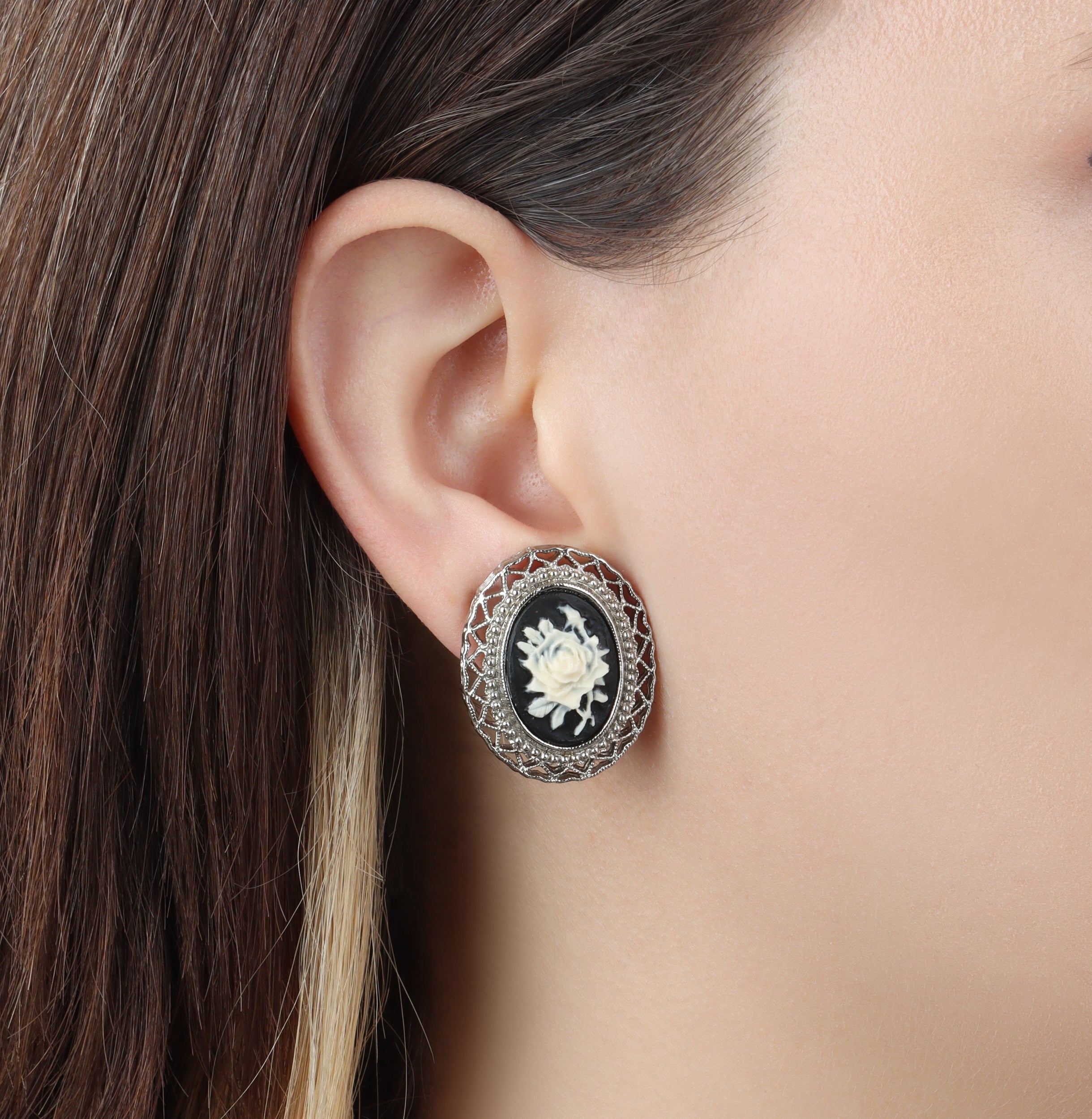 1928 Jewelry Black & Ivory Flower Cameo Hearts Clip On Earrings