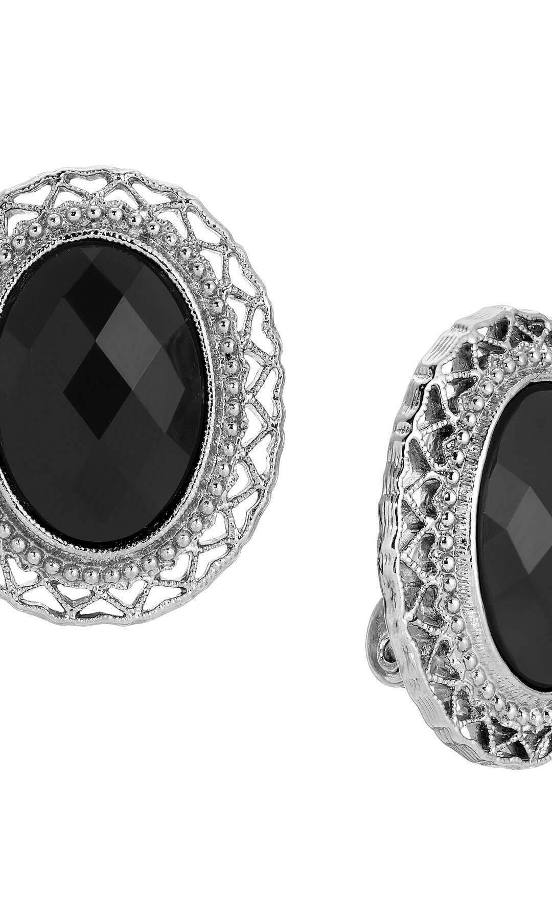 1928 Jewelry Oval Jet Black Stone Clip On Earrings