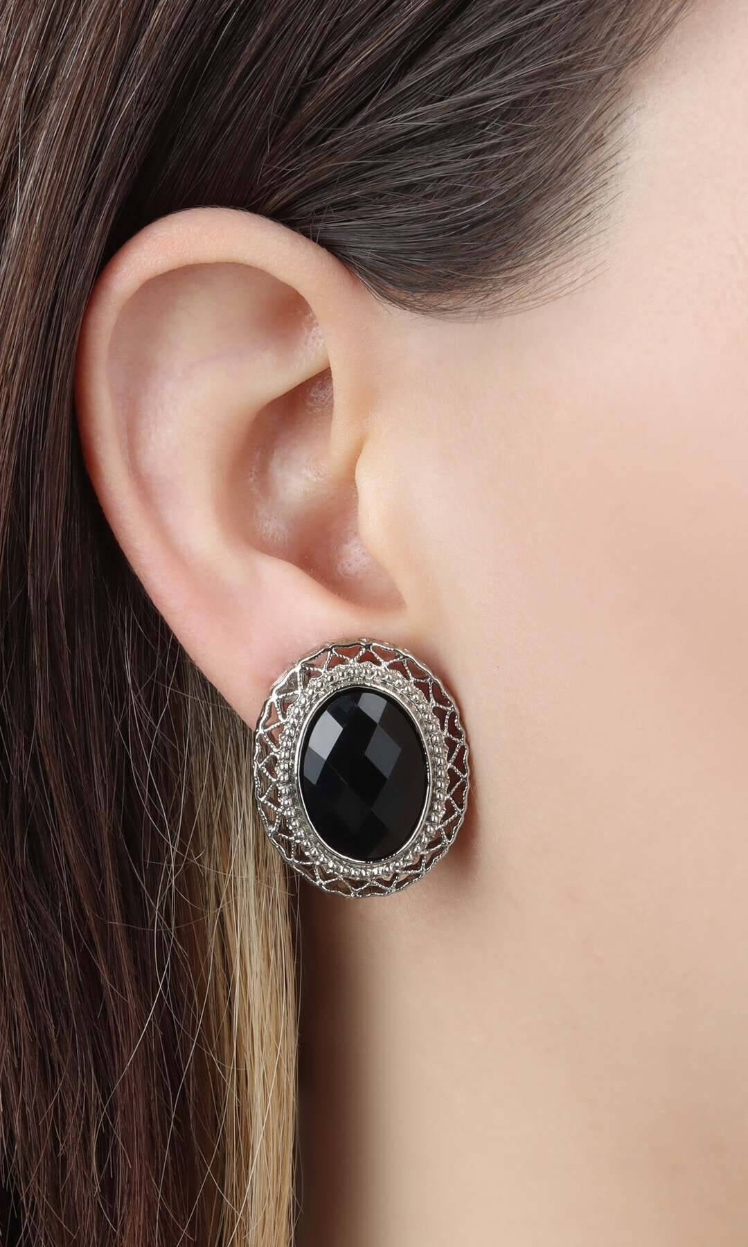 1928 Jewelry Oval Jet Black Stone Clip On Earrings