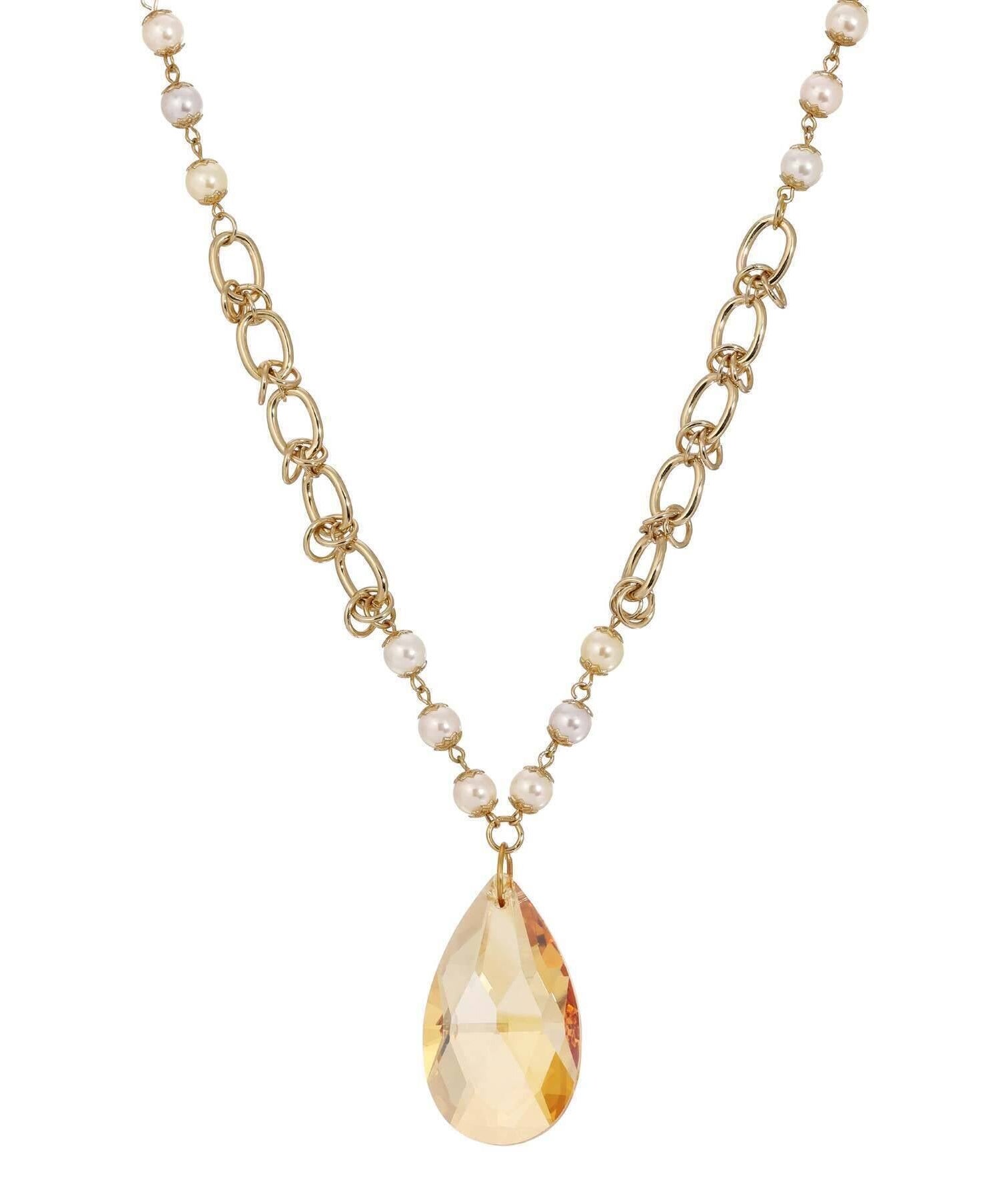 1928 Jewelry Faux Pearl Link Chain Briolette Crystal Pendant Necklace 28"
