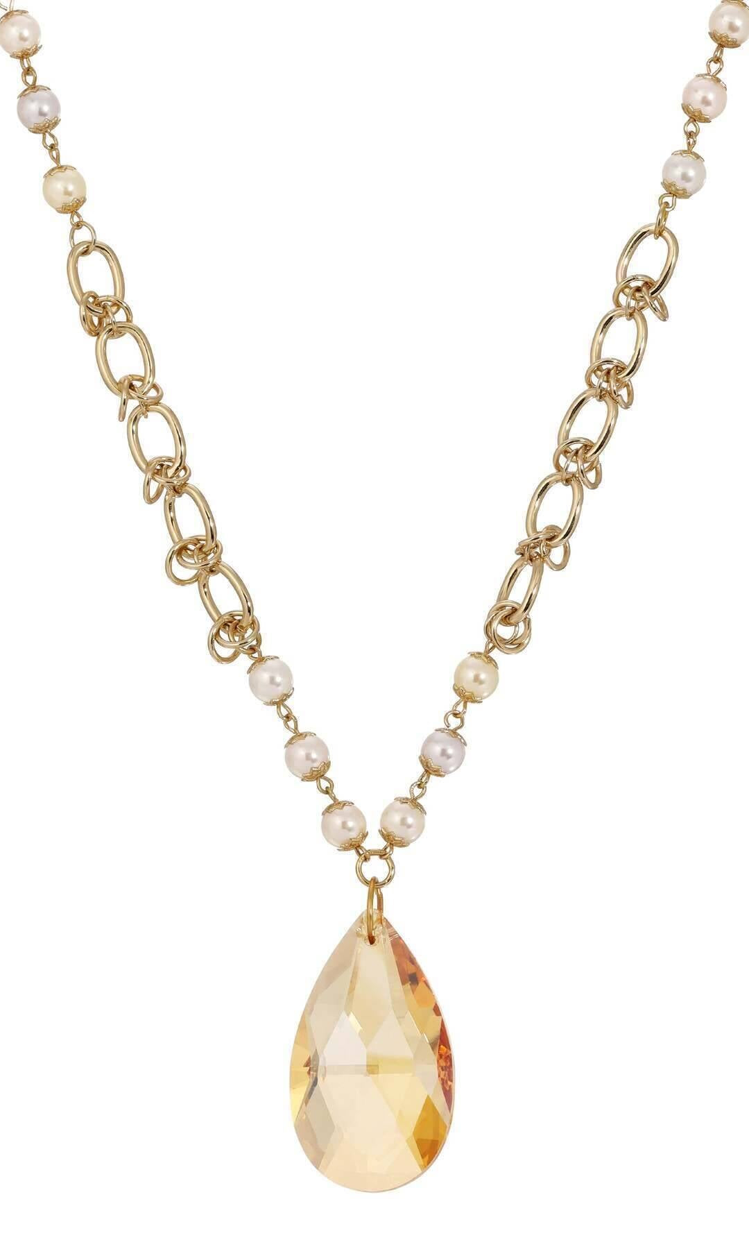 1928 Jewelry Faux Pearl Link Chain Briolette Crystal Pendant Necklace 28"