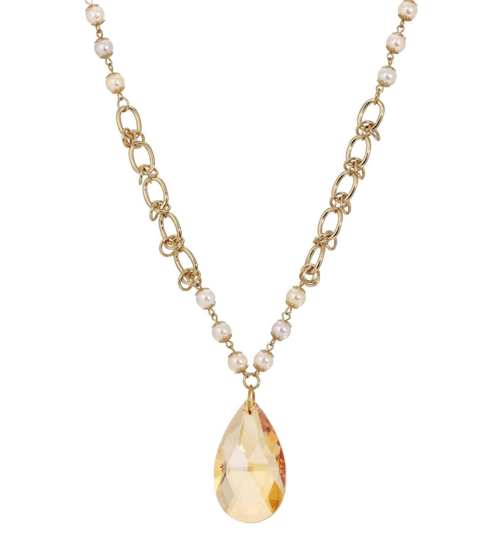 1928 Jewelry Faux Pearl Link Chain Briolette Crystal Pendant Necklace 28"