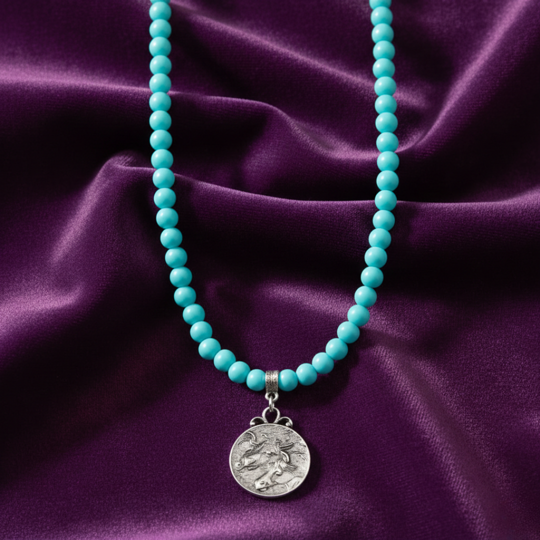 Turquoise beaded necklace with a silver horse head pendant on a purple satin background