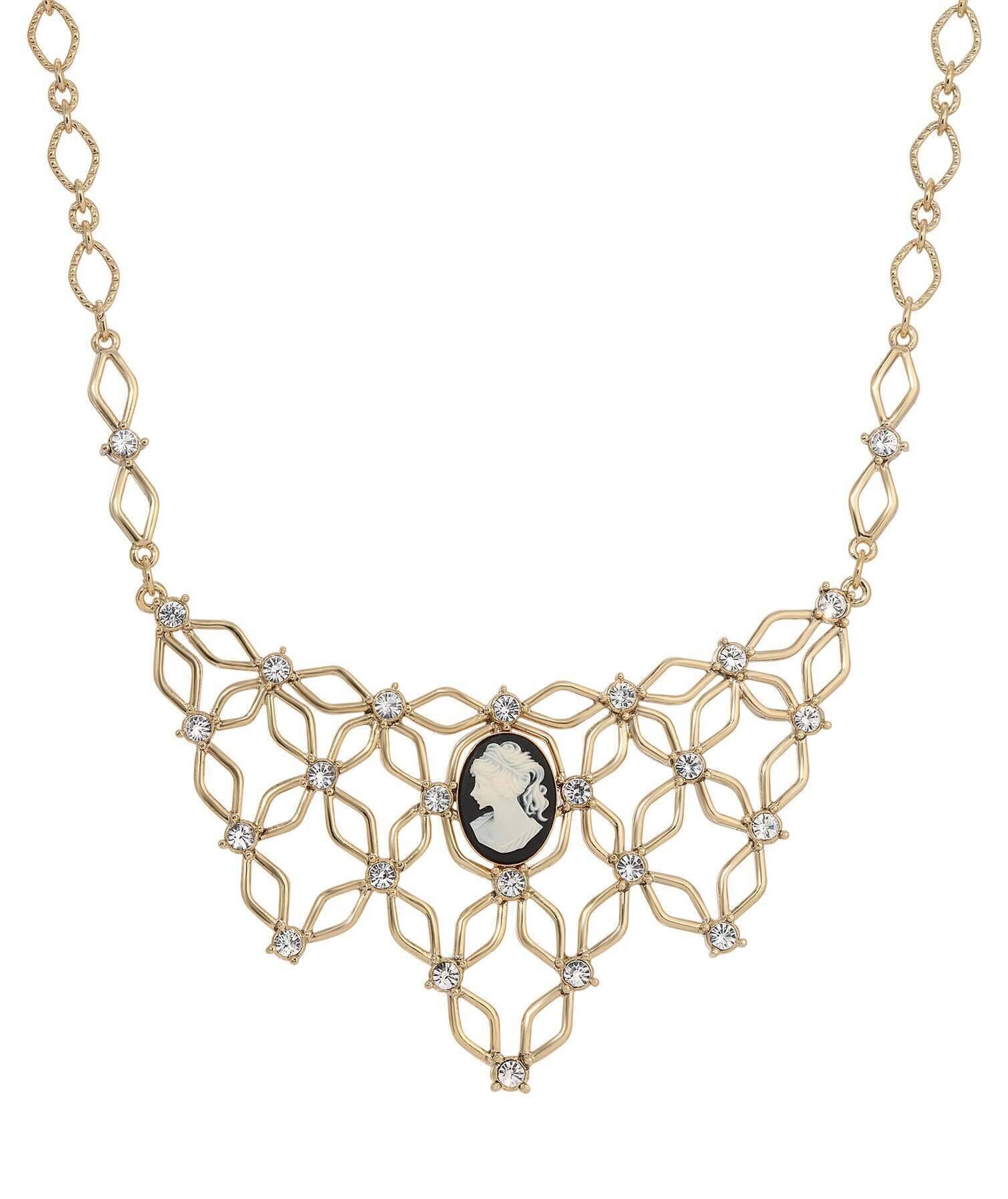 1928 Jewelry Deco Crystal Marvel Black & Ivory Cameo Bib Necklace 16" + 3" Extension