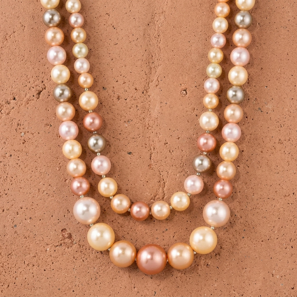 Double strand pink and peach multicolor pearl necklace on a red stone surface
