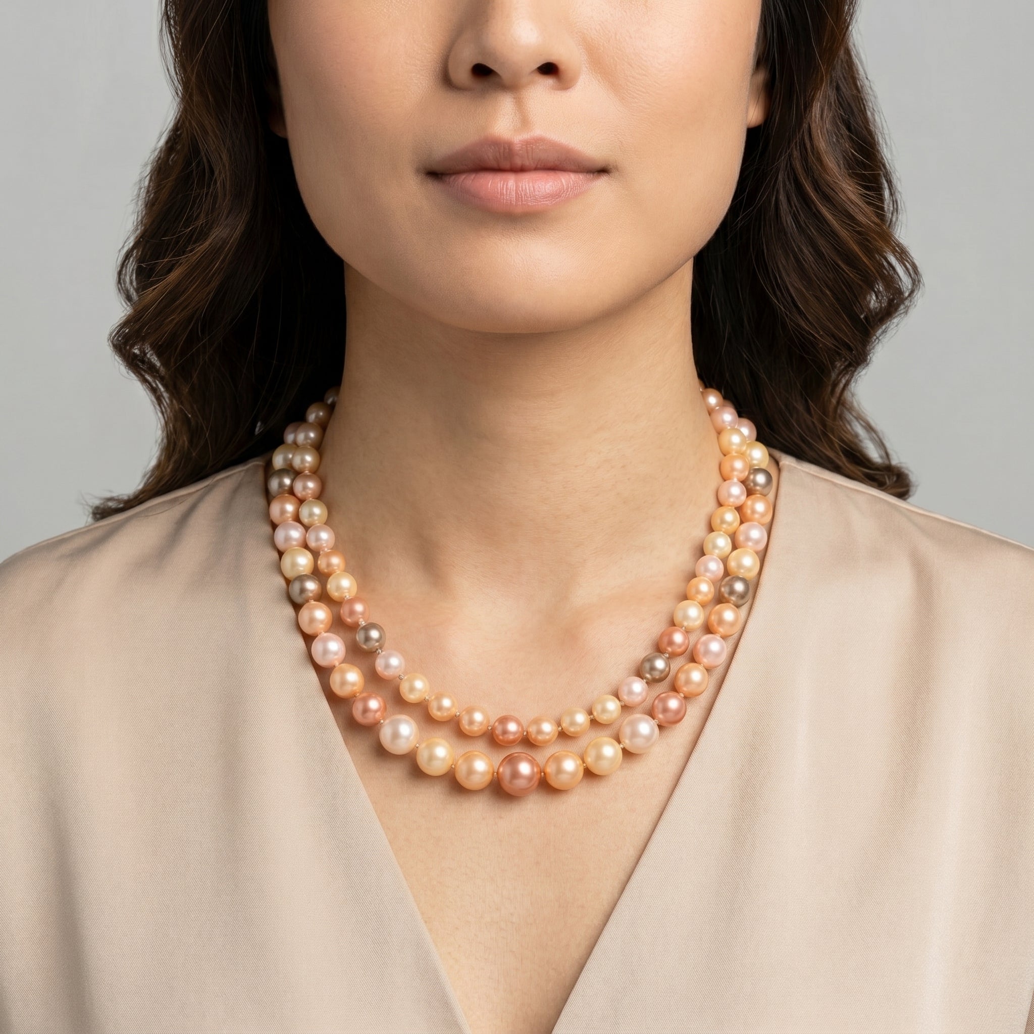 Woman with a cream top wearing a double stranded pink and peach multicolor peark necklace