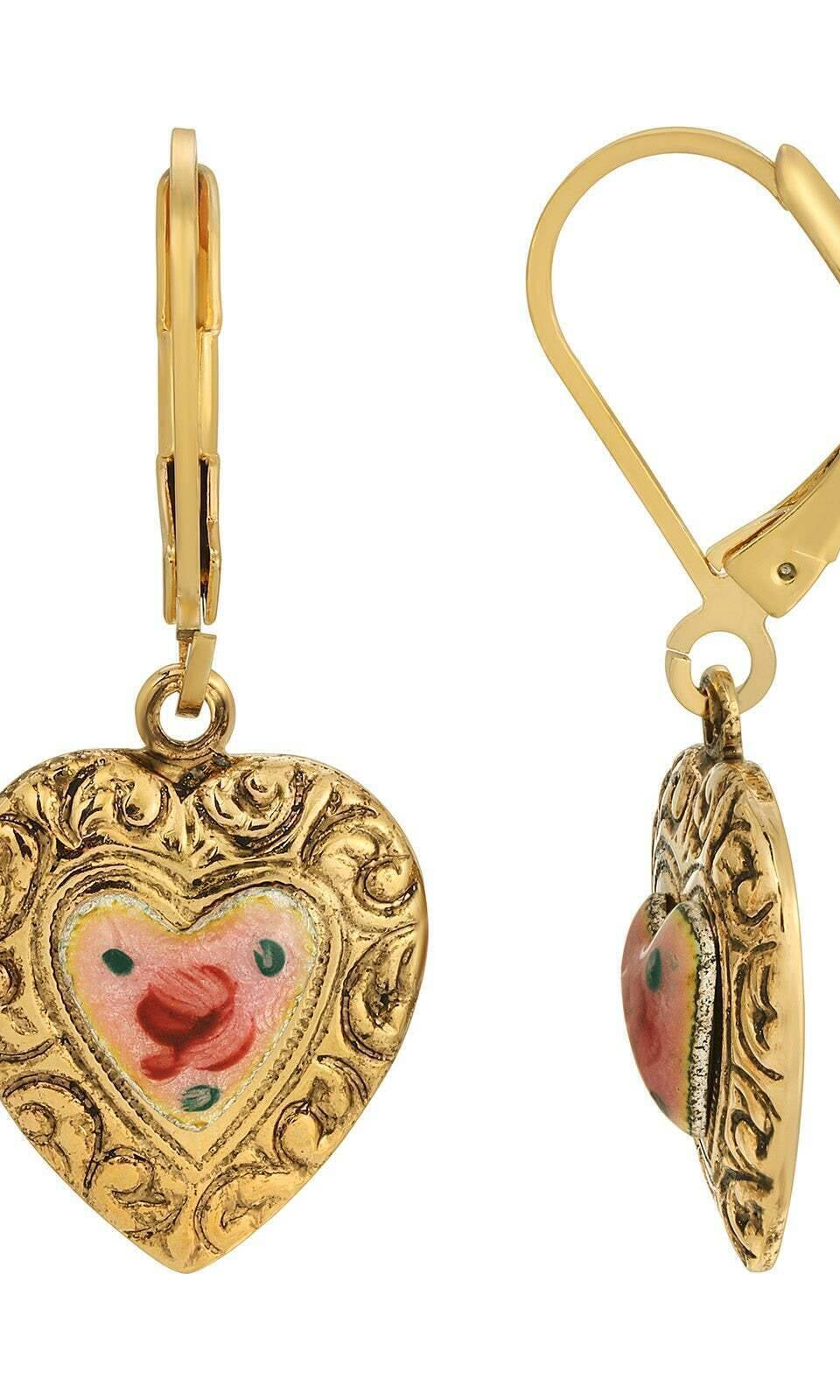 1928 Jewelry Enchanting Bloom Pink Flower Heart Drop Earrings