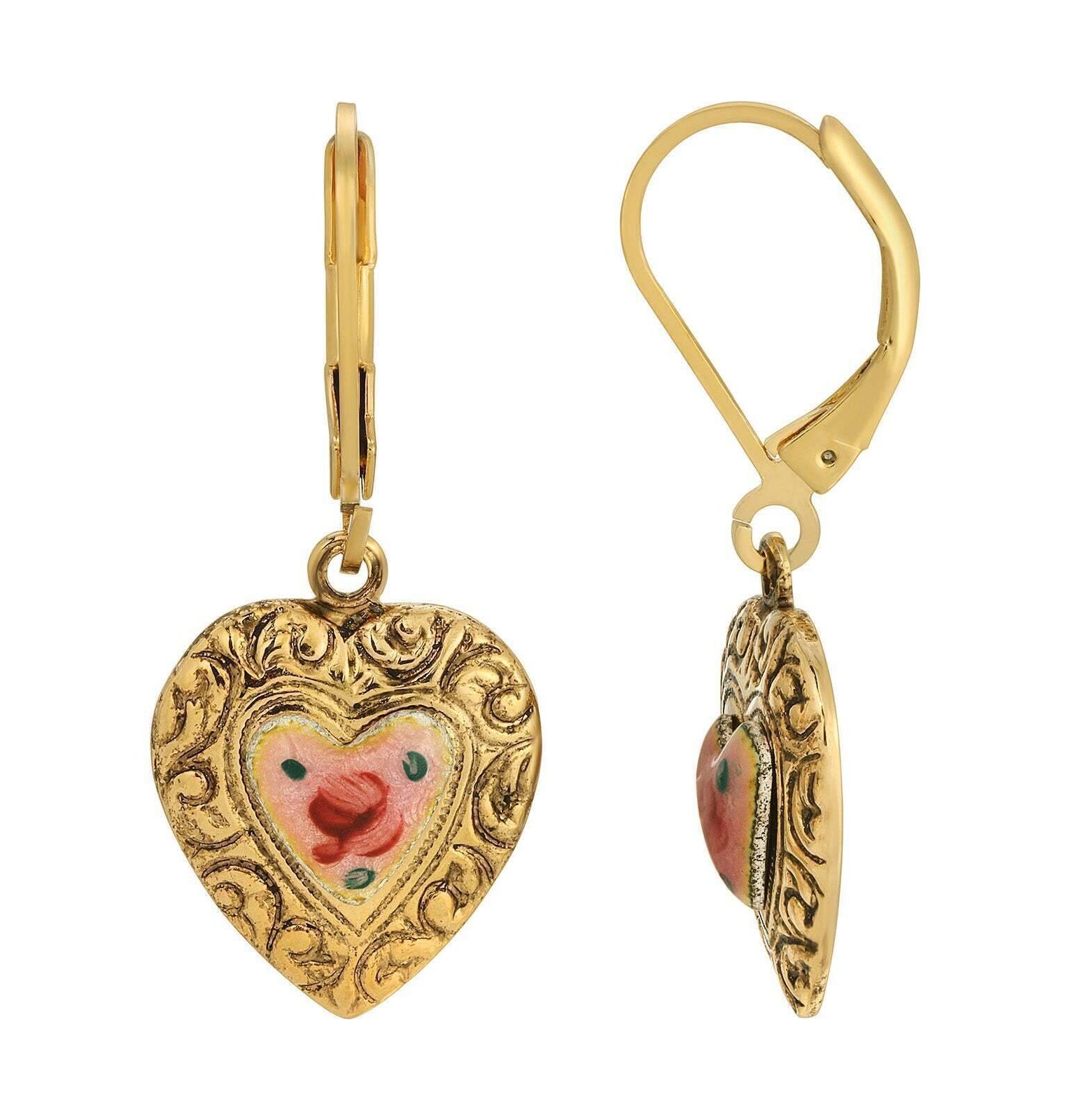 1928 Jewelry Enchanting Bloom Pink Flower Heart Drop Earrings