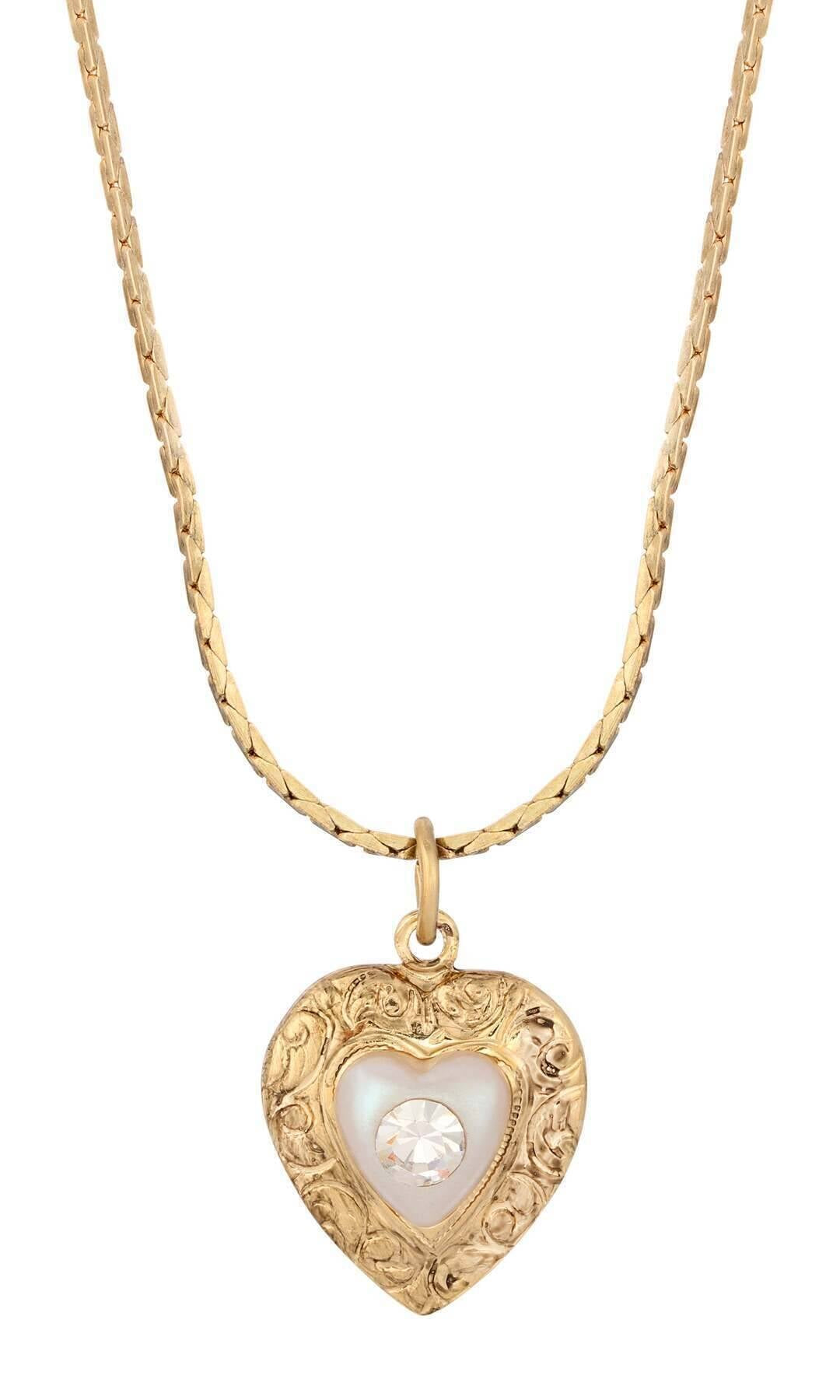 1928 Jewelry Faux Pearl Heart & Crystal Pendant Necklace 15" + 3" Extender