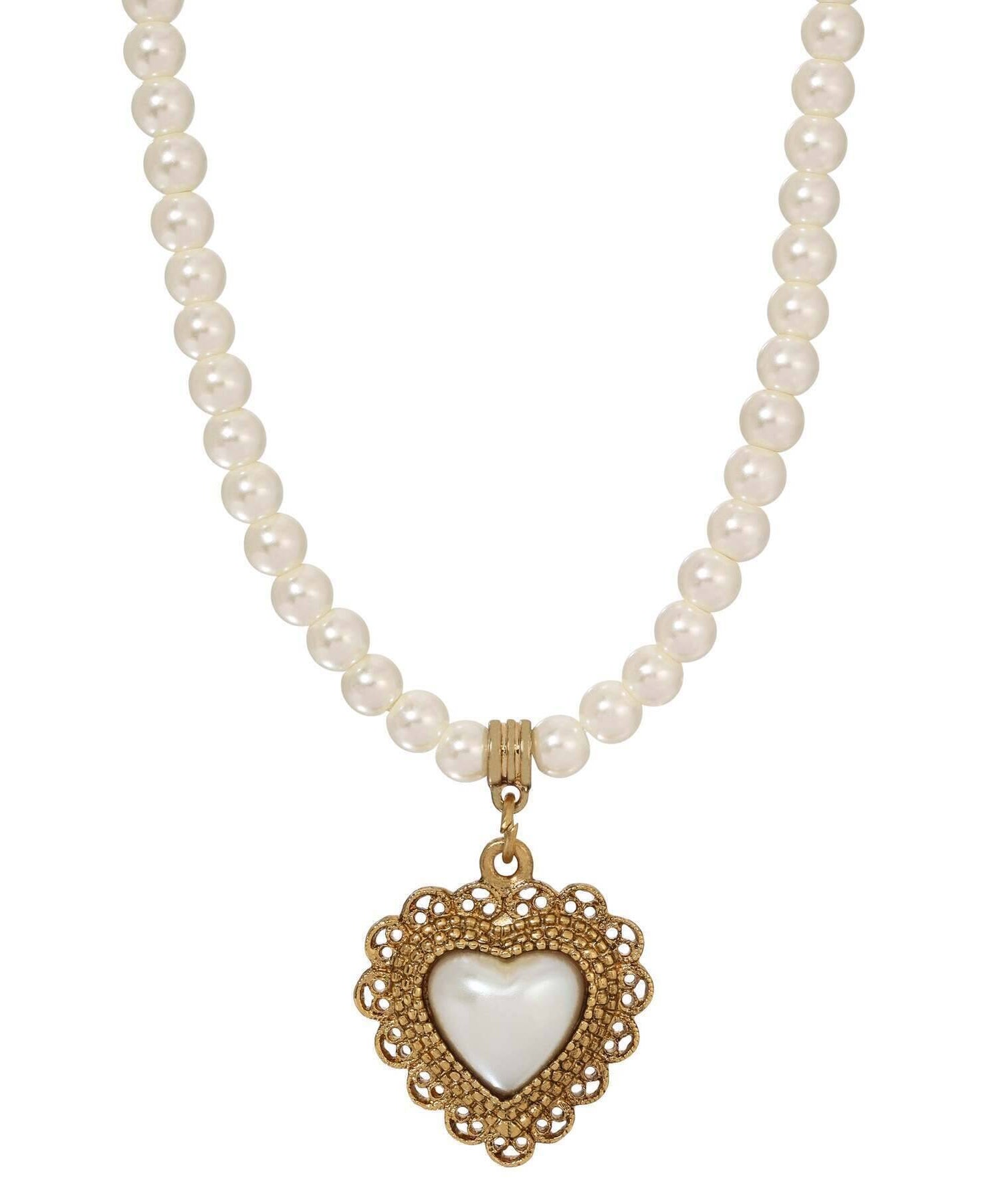 1928 Jewelry Glass Faux Pearl Strand & Faux Pearl Heart Filigree Pendant Necklace 15" + 3" Extension