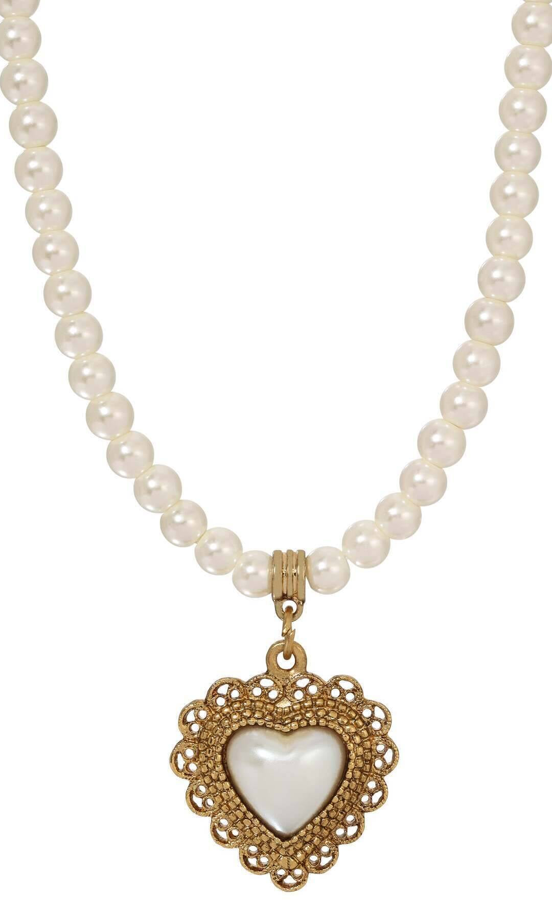 1928 Jewelry Glass Faux Pearl Strand & Faux Pearl Heart Filigree Pendant Necklace 15" + 3" Extension