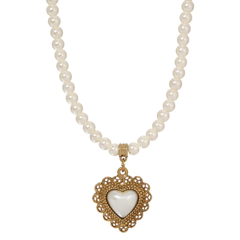 1928 Jewelry Glass Faux Pearl Strand & Faux Pearl Heart Filigree Pendant Necklace 15" + 3" Extension