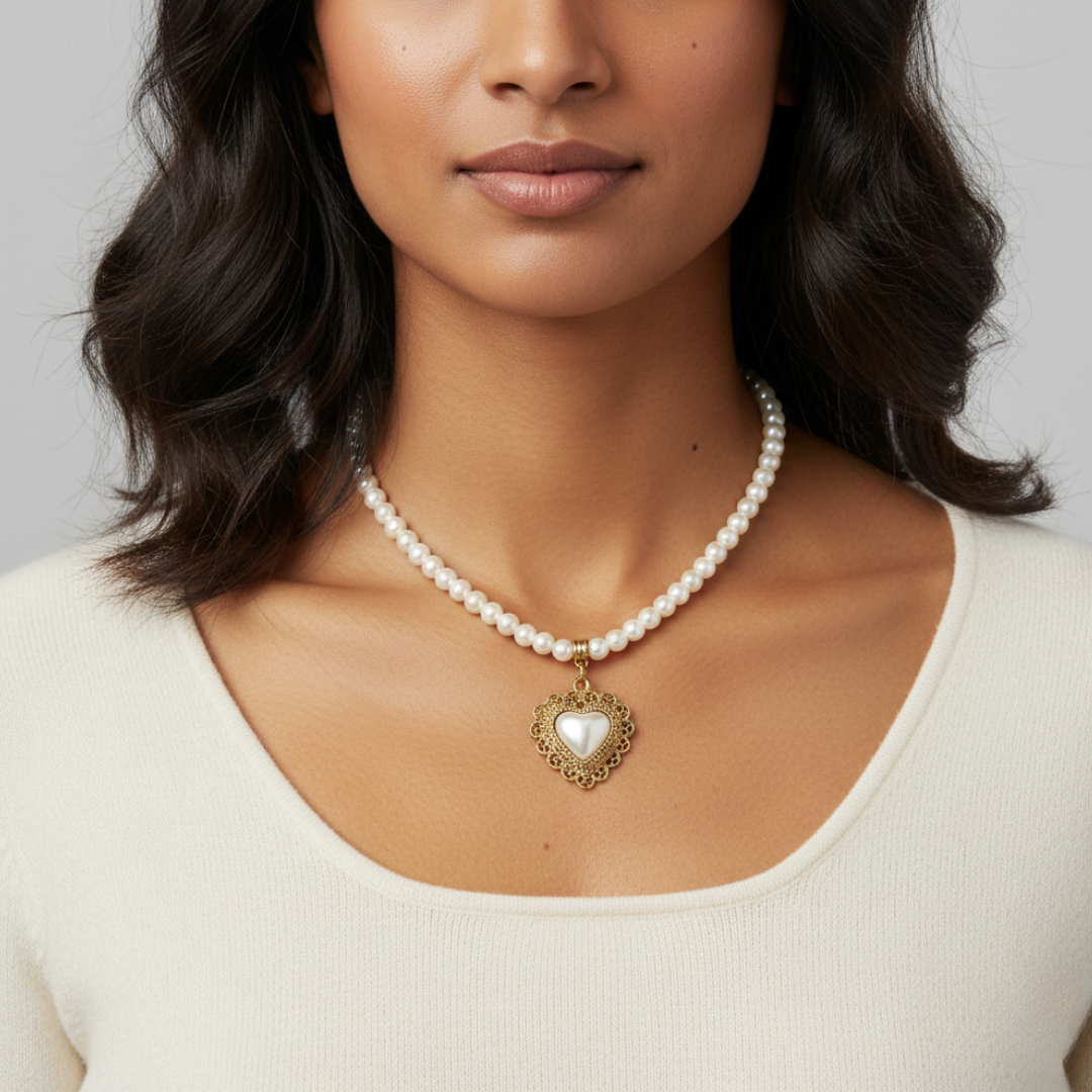 Woman wearing a faux pearl necklace with a heart-shaped pendant on a plain background