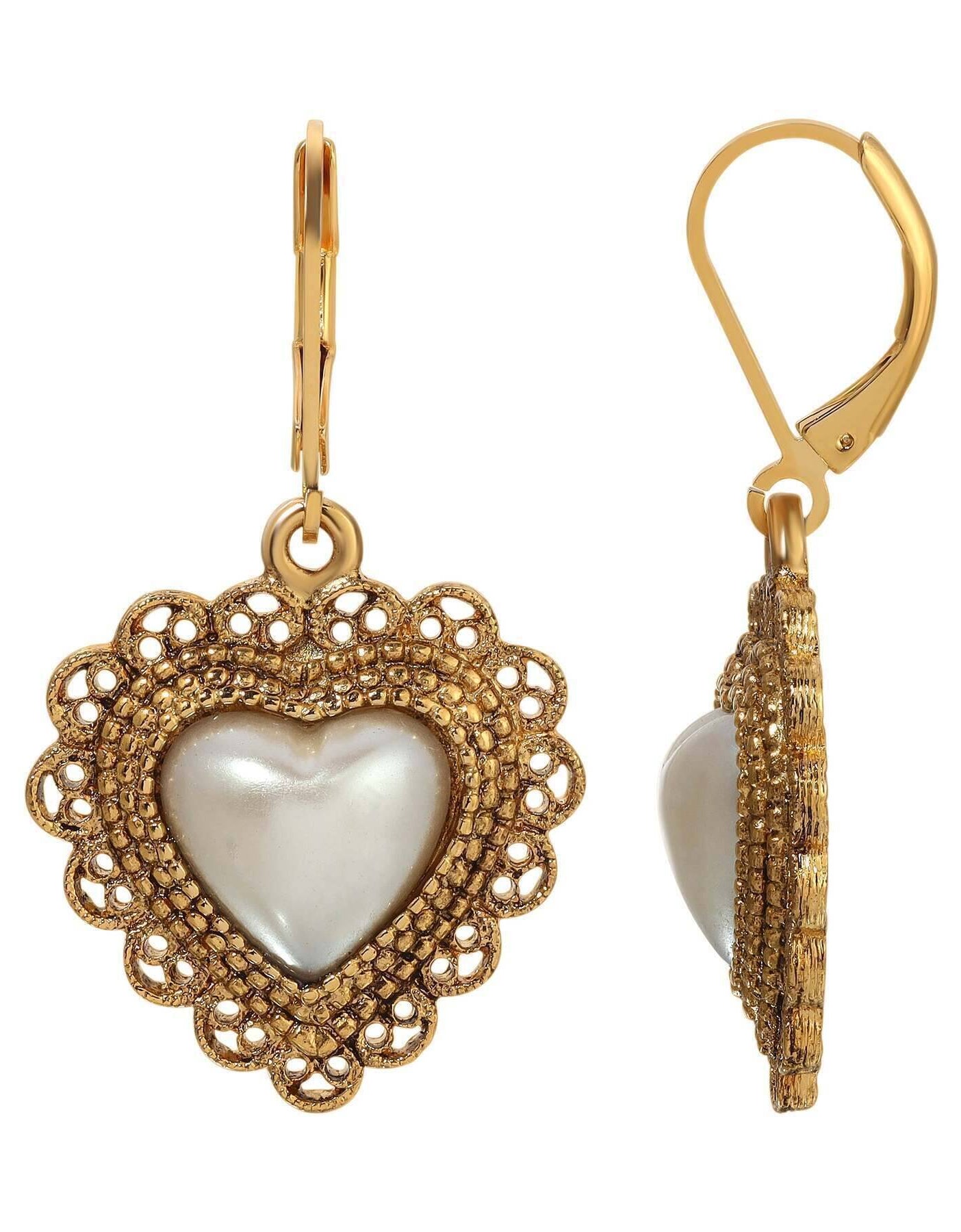 1928 Jewelry Faux Pearl Heart Filigree Drop Earrings