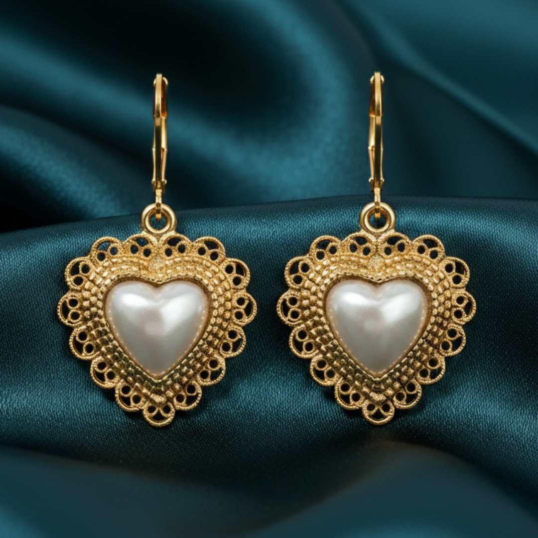Gold heart-shaped earrings with pearl center on a teal fabric background