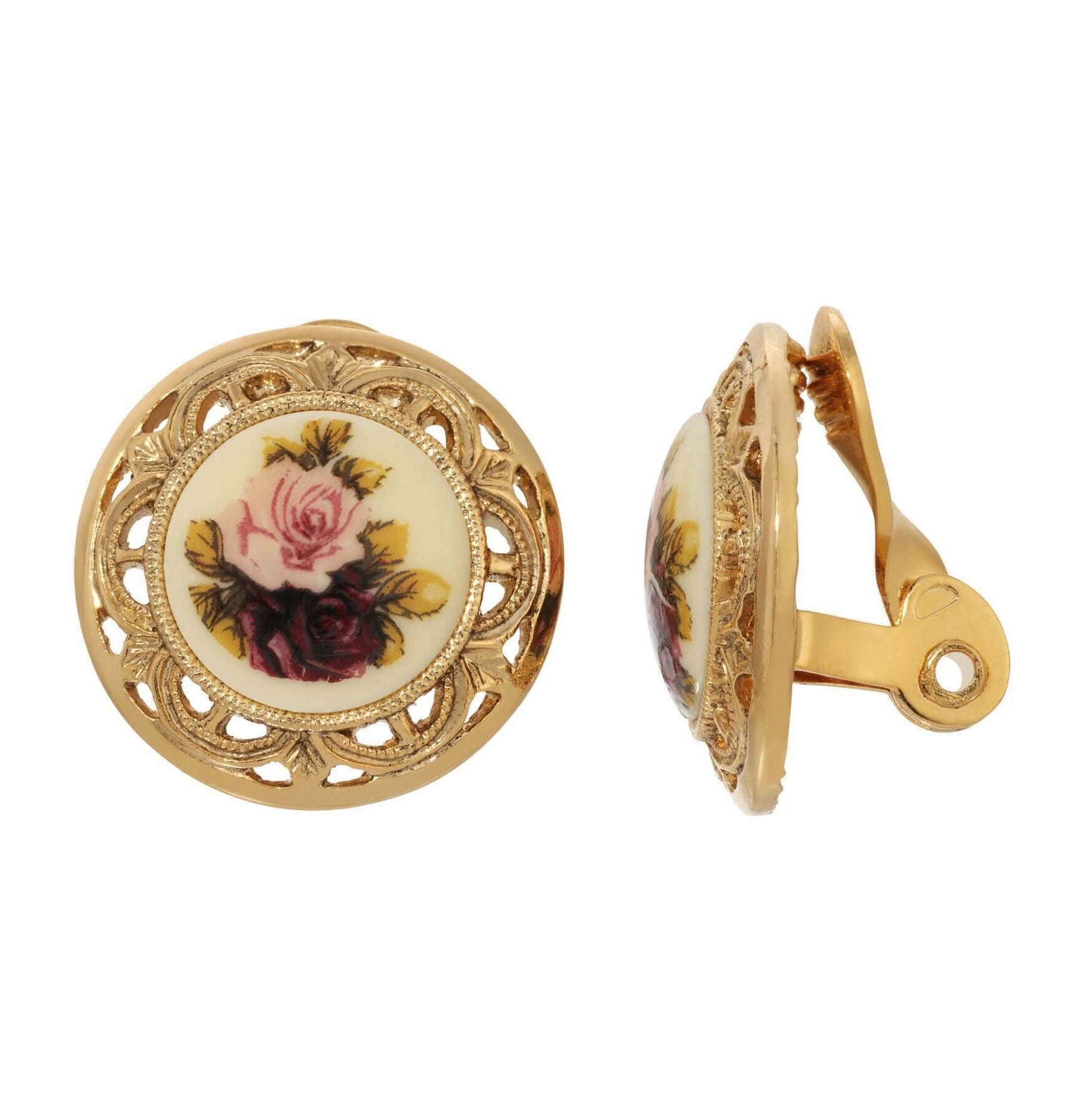 1928 Jewelry Manor House Pink & Purple Rose Flower Round Button Clip On Earrings