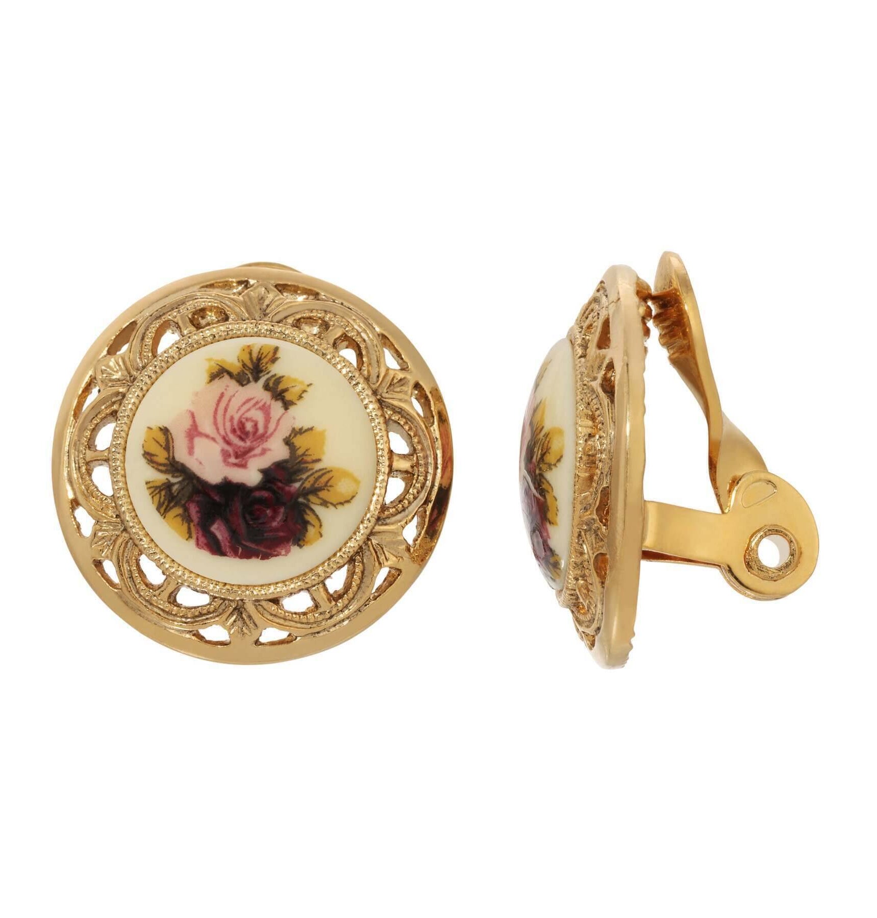 1928 Jewelry Manor House Pink & Purple Rose Flower Round Button Clip On Earrings
