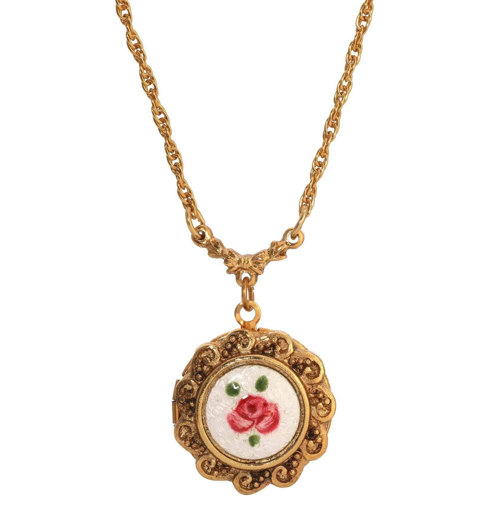 1928 Jewelry Artisan Pink Rosebud Locket Necklace 16" + 3" Extension