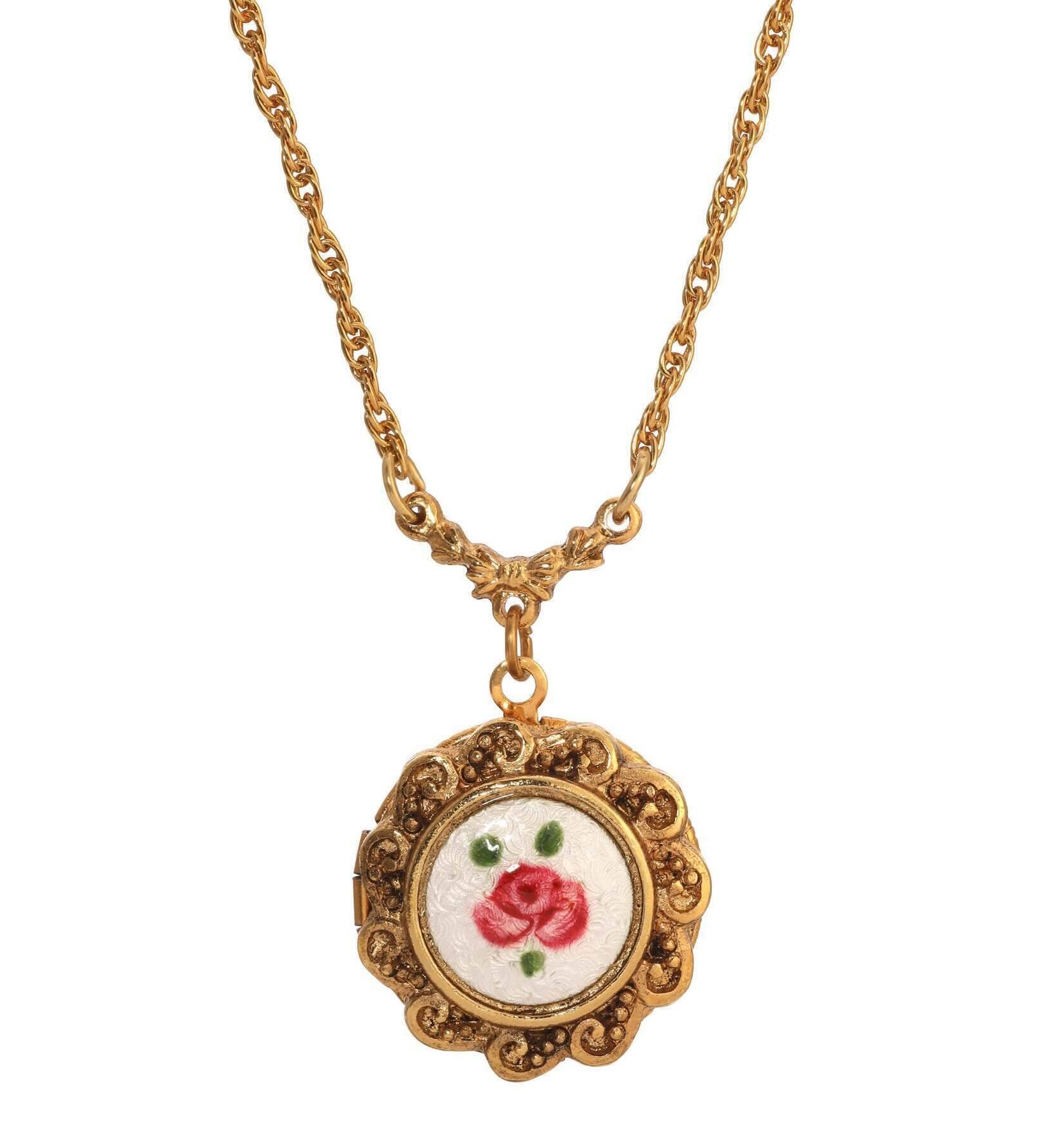 1928 Jewelry Artisan Pink Rosebud Locket Necklace 16" + 3" Extension