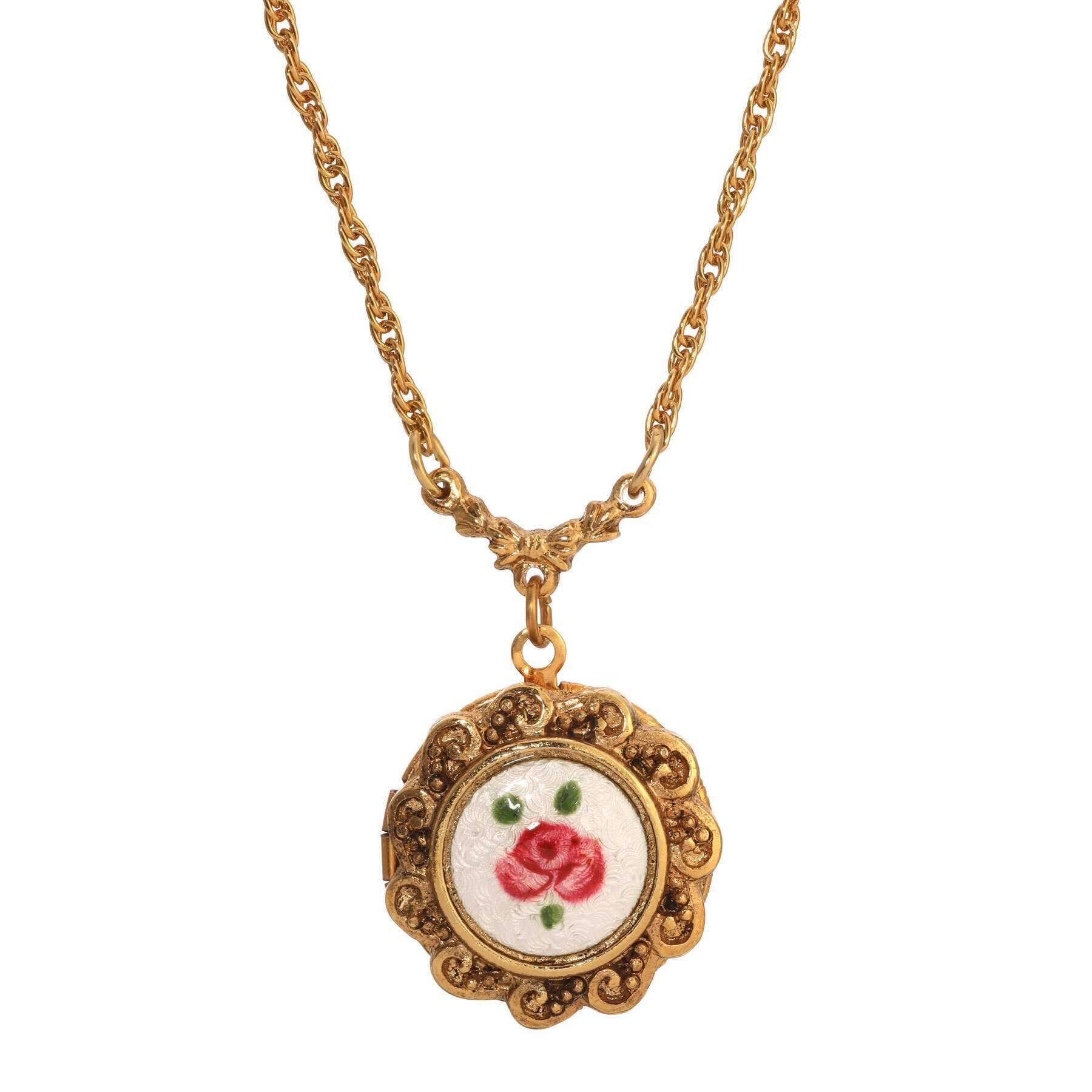 1928 Jewelry Artisan Pink Rosebud Locket Necklace 16" + 3" Extension