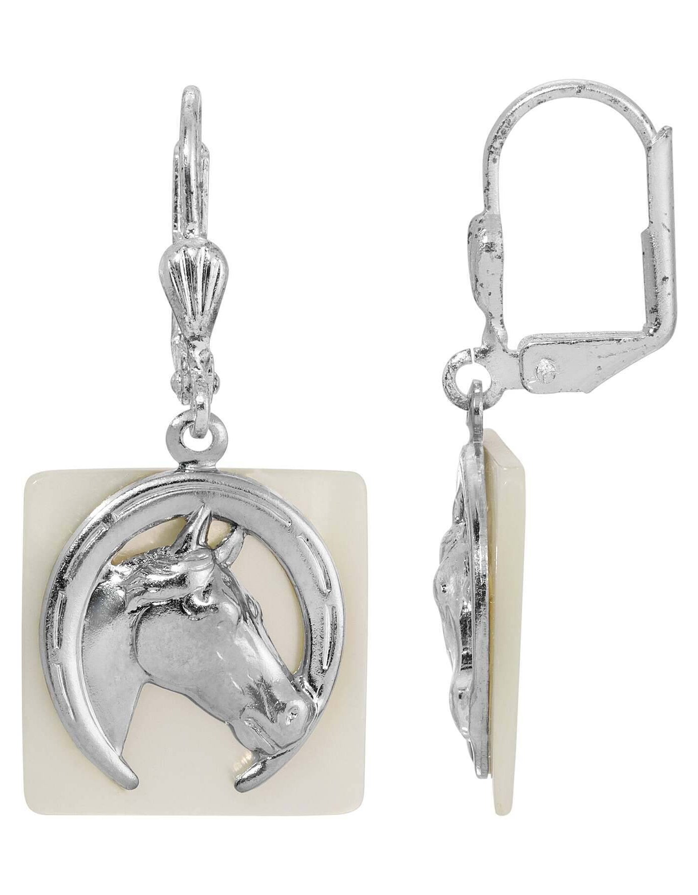 1928 Jewelry Horseshoe and Horse Head Motif Mother Of Pearl Drop Earrings