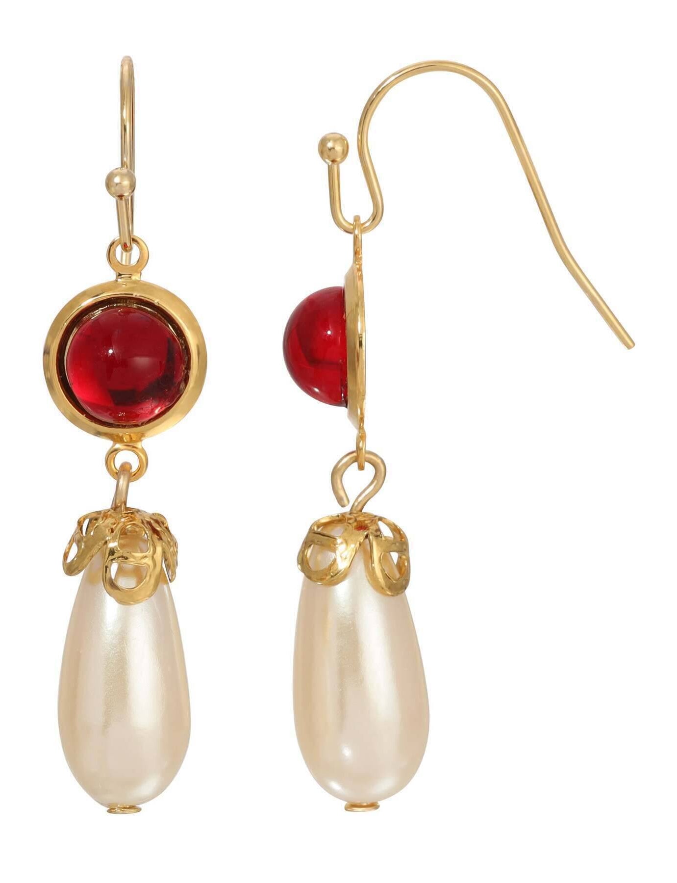 1928 Jewelry Cabochon Stones & Pear Shaped Faux Pearl Drop Earrings