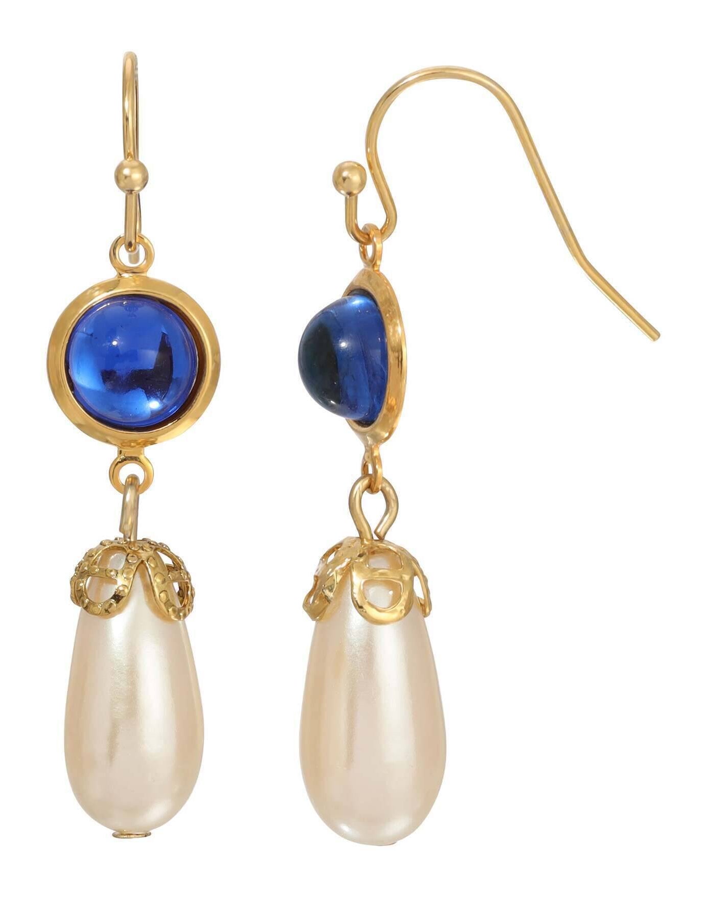 1928 Jewelry Cabochon Stones & Pear Shaped Faux Pearl Drop Earrings