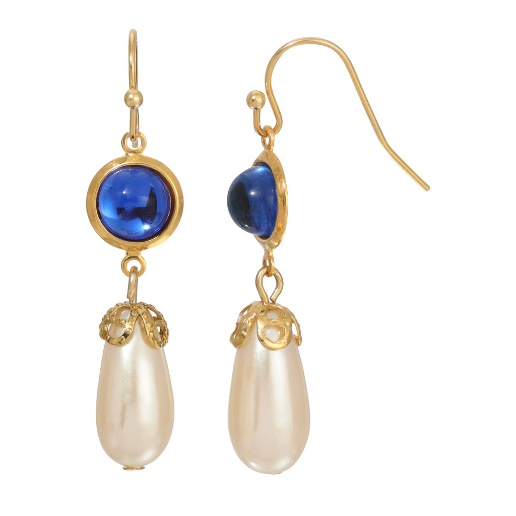 1928 Jewelry Cabochon Stones & Pear Shaped Faux Pearl Drop Earrings
