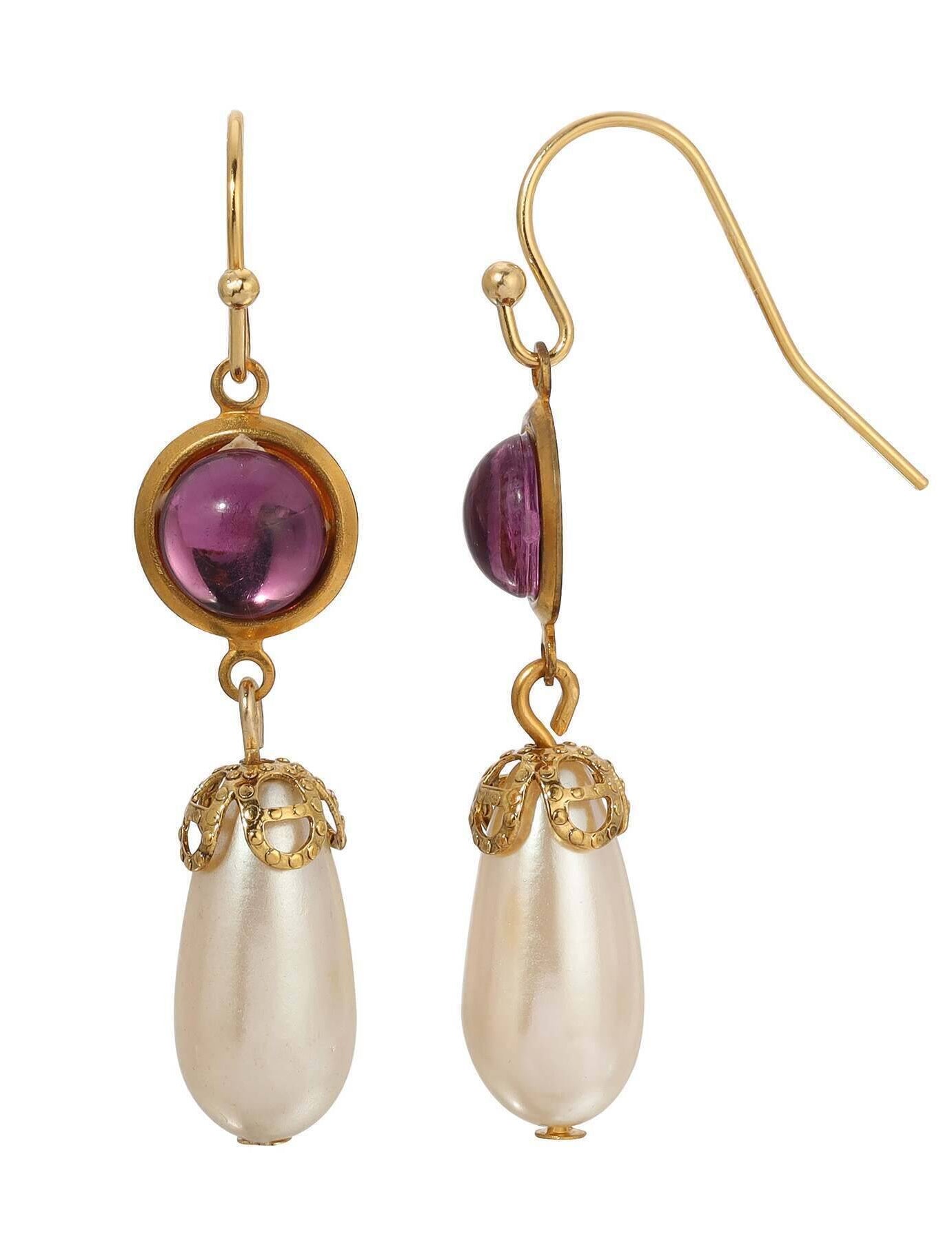 1928 Jewelry Cabochon Stones & Pear Shaped Faux Pearl Drop Earrings