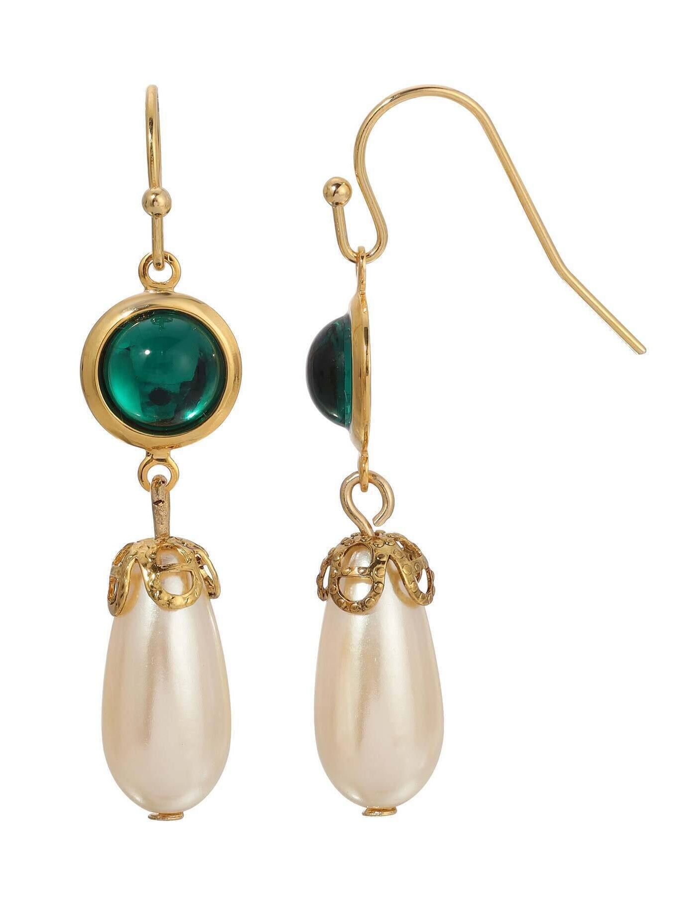 1928 Jewelry Cabochon Stones & Pear Shaped Faux Pearl Drop Earrings