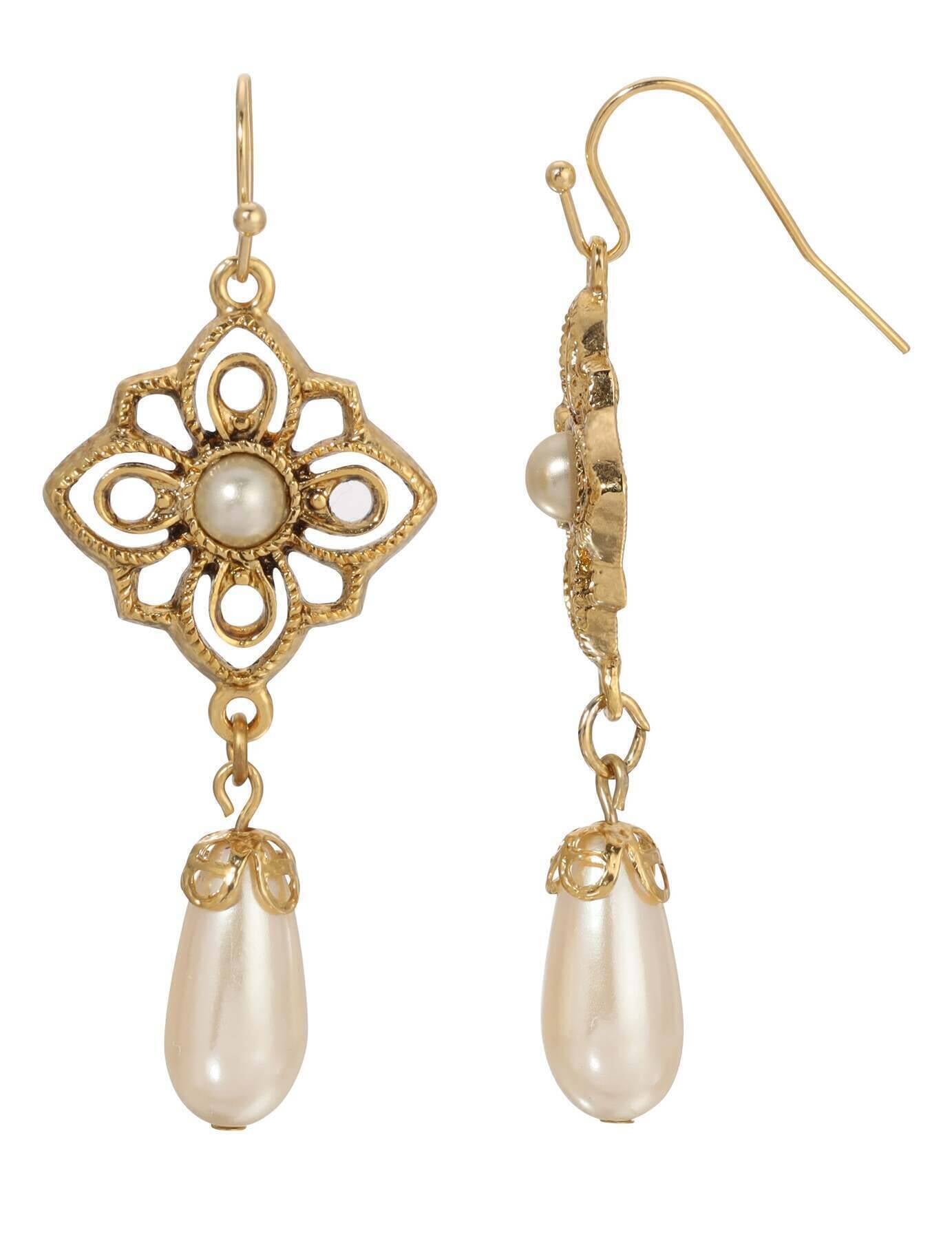 1928 Jewelry Golden Allure Teardrop Faux Pearl Dangling Earrings