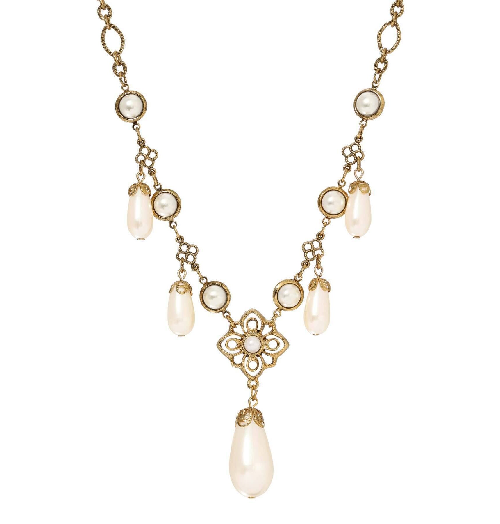 1928 Jewelry Golden Allure Teardrop Faux Pearl Pendant Necklace 15" + 3" Extension