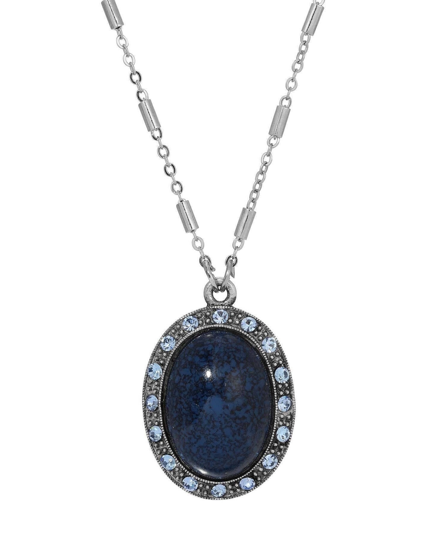1928 Jewelry Oval Lapis Blue Stone & Light Sapphire Crystal Pendant Necklace 16" + 3" Extension