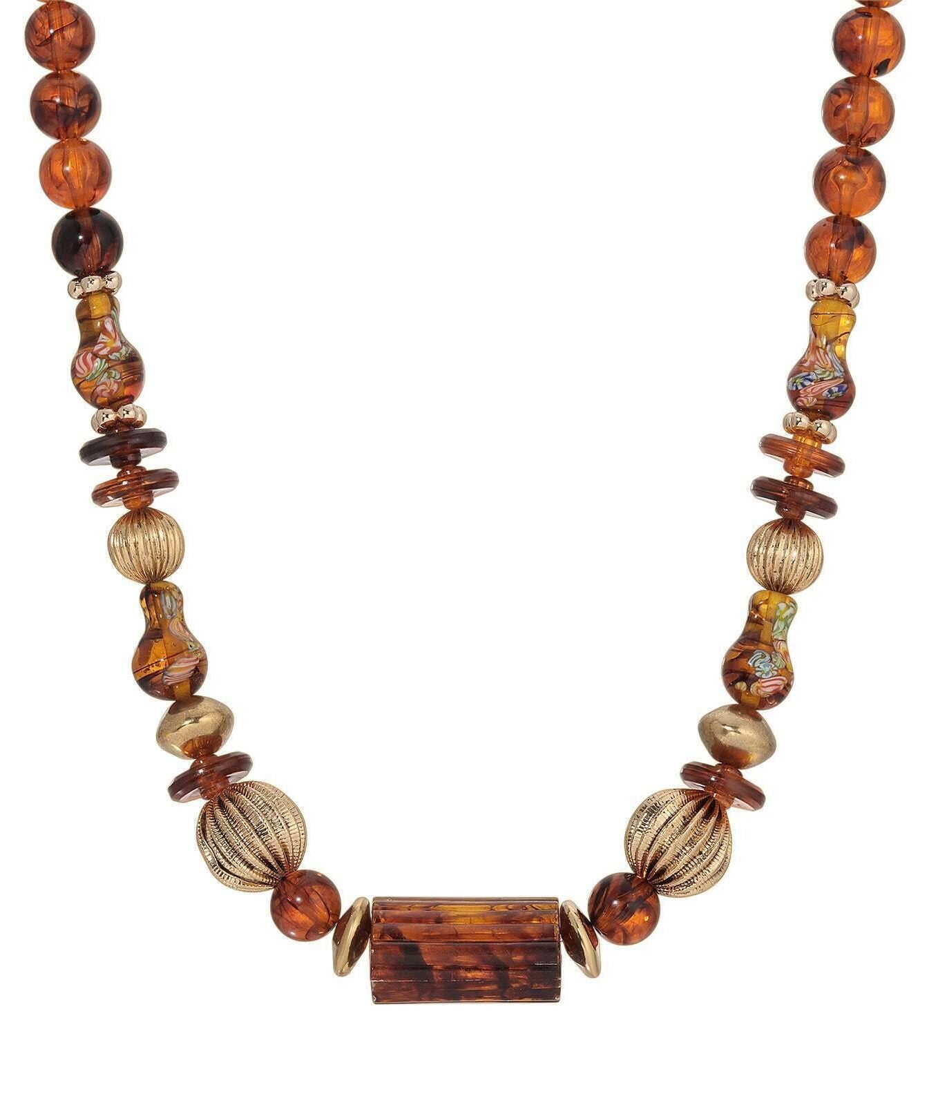 1928 Jewelry Alexandria Tortoise & Corrugated Bead Necklace 16" + 3" Extender