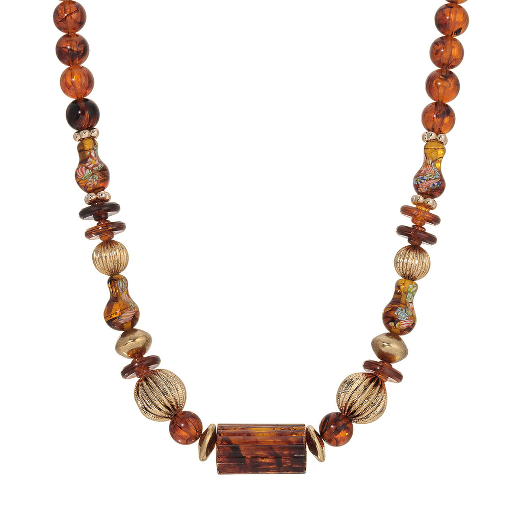 1928 Jewelry Alexandria Tortoise & Corrugated Bead Necklace 16" + 3" Extender