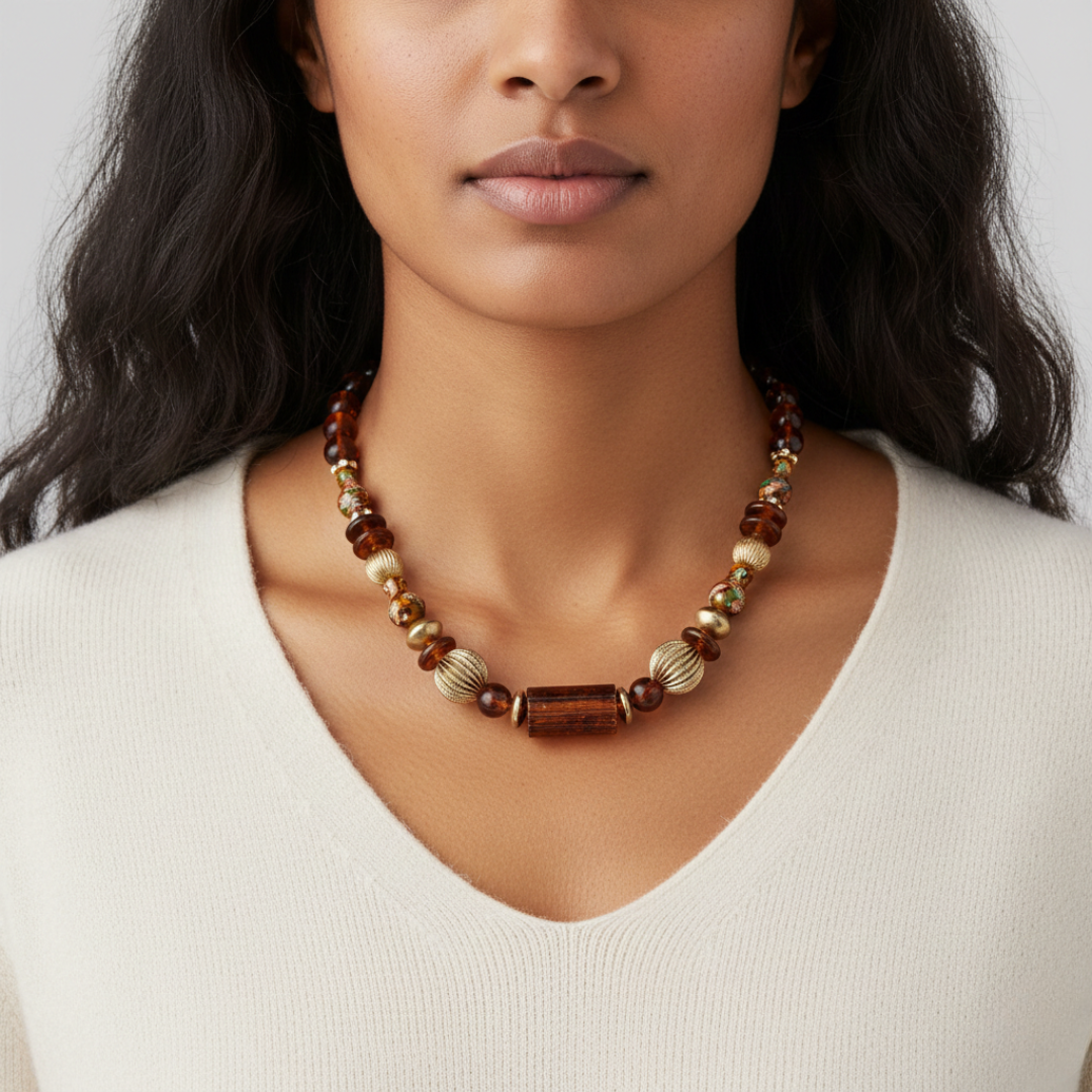 Woman wearing a brown and gold beaded necklace with a neutral background
