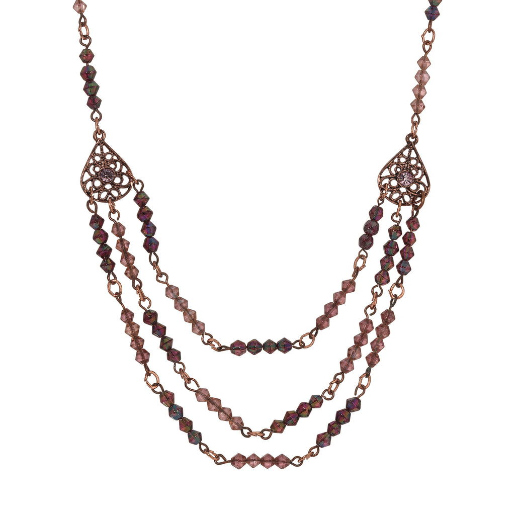 Purple 1928 Jewelry Multi Beaded Crystal Teardrop Filigree Bib Necklace 15" + 3" Extension