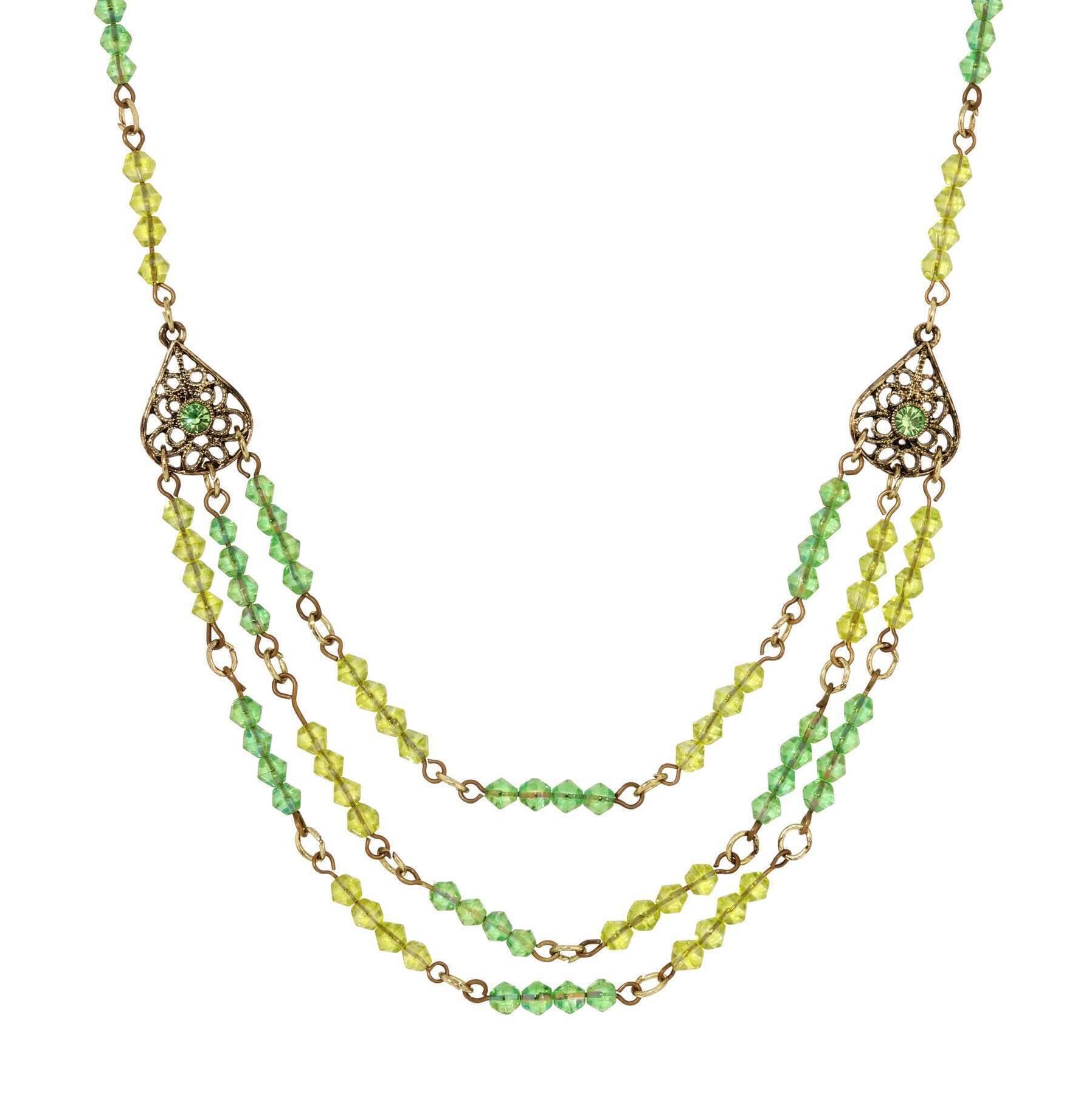 1928 Jewelry Multi Beaded Crystal Teardrop Filigree Bib Necklace 15" + 3" Extension