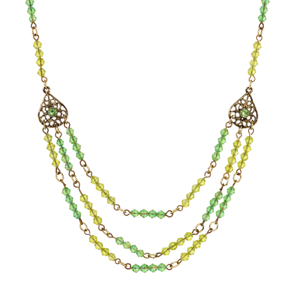 Green 1928 Jewelry Multi Beaded Crystal Teardrop Filigree Bib Necklace 15" + 3" Extension